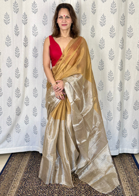 Dual Coloured Gold & Cream Pure Mul Mul Handwoven Tissue Cotton Saree