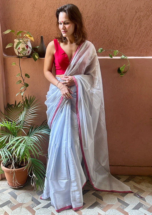 Silver Pure Mul Mul Handwoven Tissue Cotton Saree