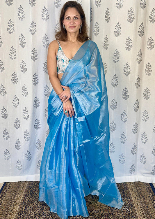 Ice Blue & Silver Pure Mul Mul Handwoven Tissue Cotton Saree (Borderless)