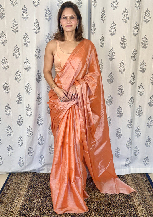 Peach & Silver Pure Mul Mul Handwoven Tissue Cotton Saree (Borderless)