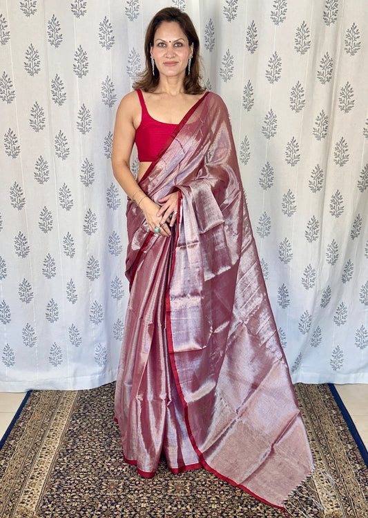 Purple & Silver Pure Mul Mul Handwoven Tissue Cotton Saree