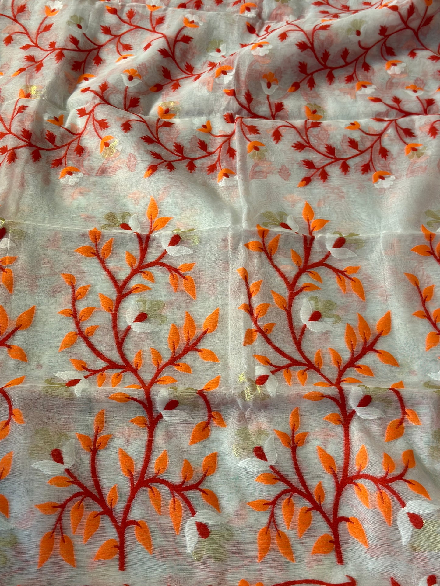 White Cotton Silk Jamdani Saree with Orange & Red Floral Design & Zari Work