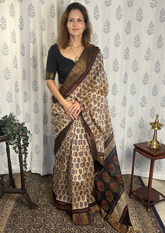 Cream Sanganeri Handblock Printed Chanderi Silk Saree with Zari Woven Border