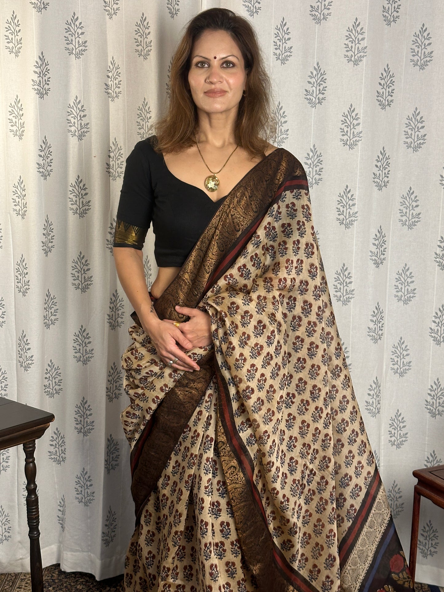 Cream Sanganeri Handblock Printed Chanderi Silk Saree with Zari Woven Border