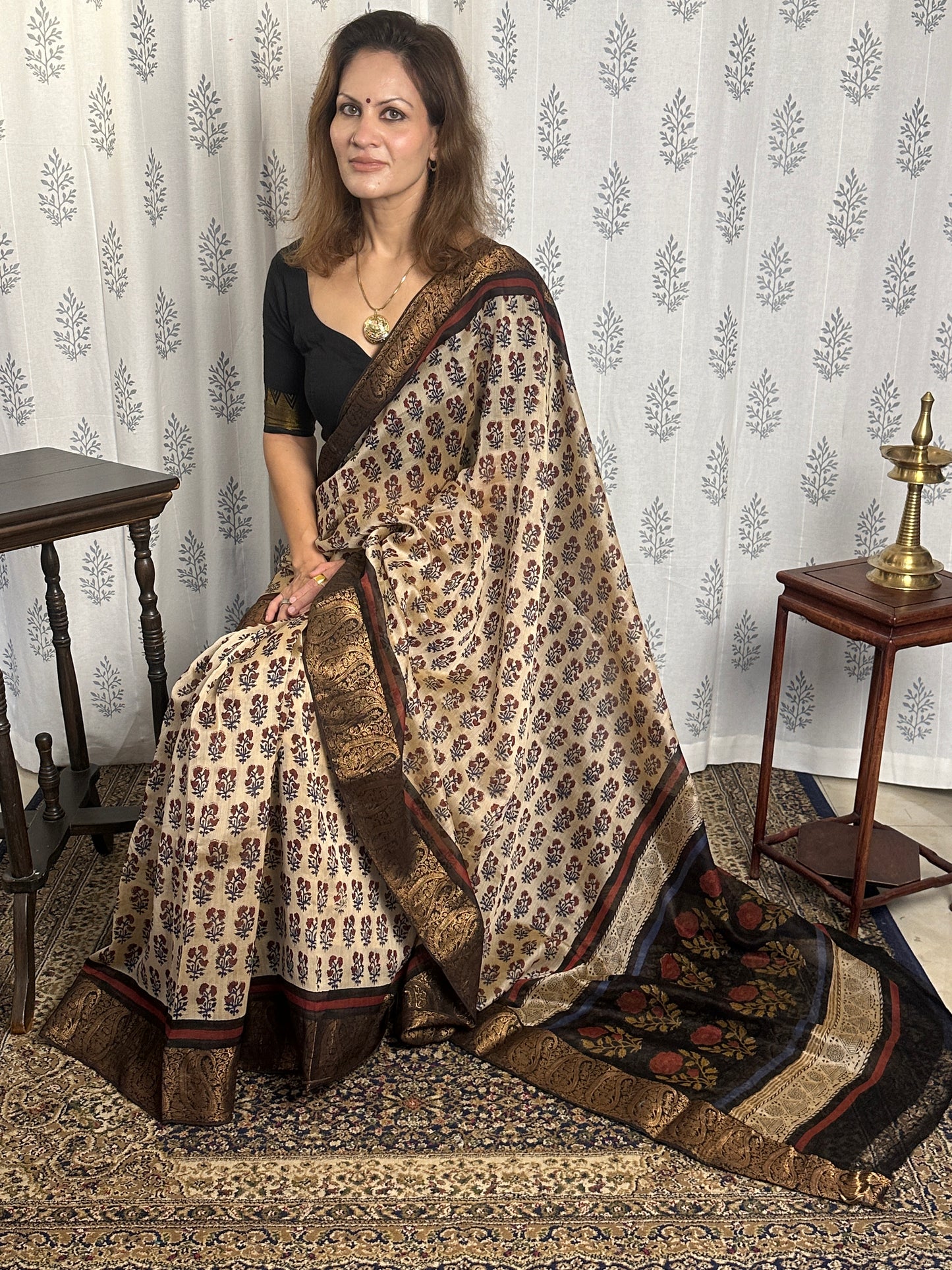 Cream Sanganeri Handblock Printed Chanderi Silk Saree with Zari Woven Border