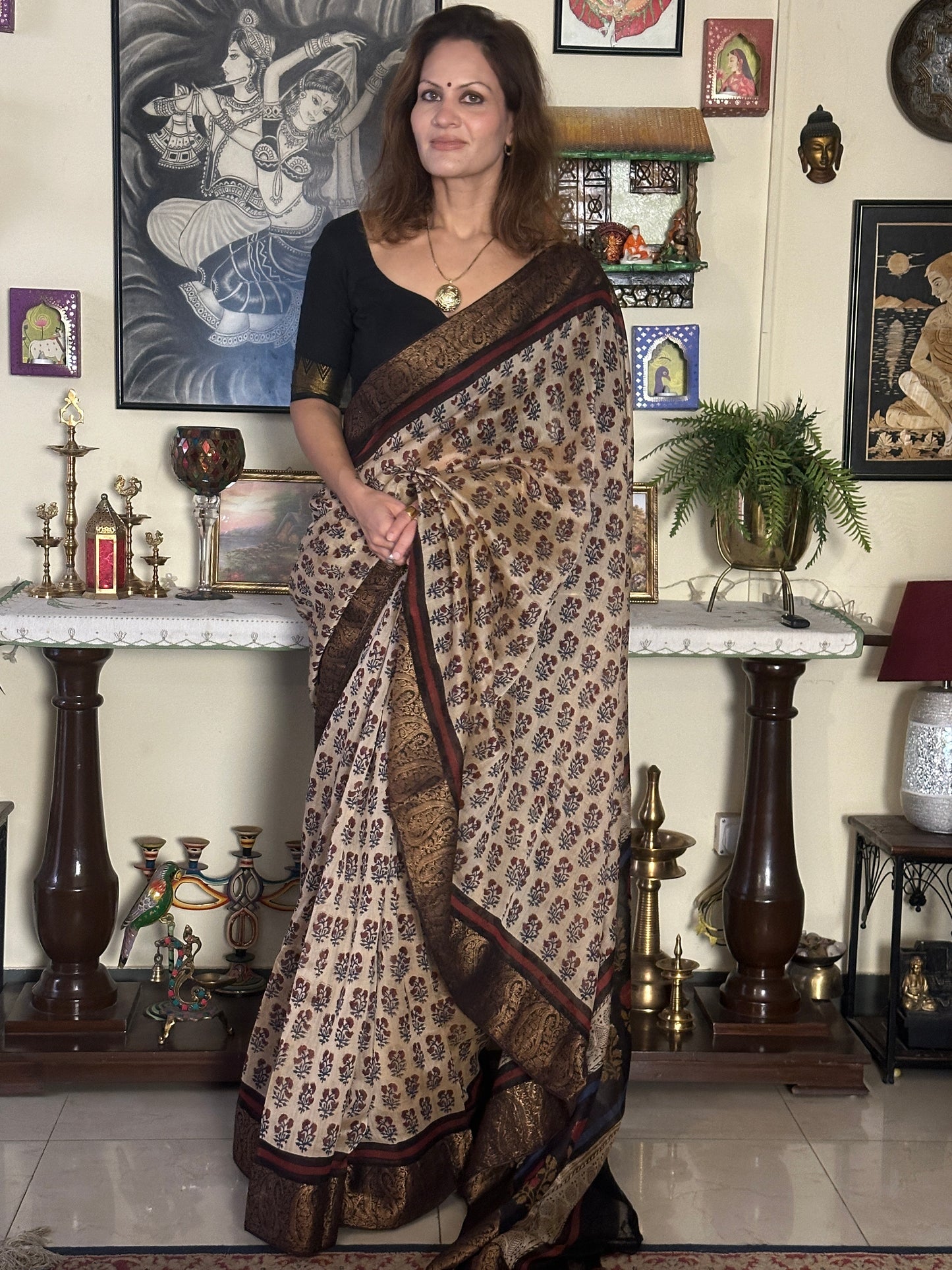 Cream Sanganeri Handblock Printed Chanderi Silk Saree with Zari Woven Border