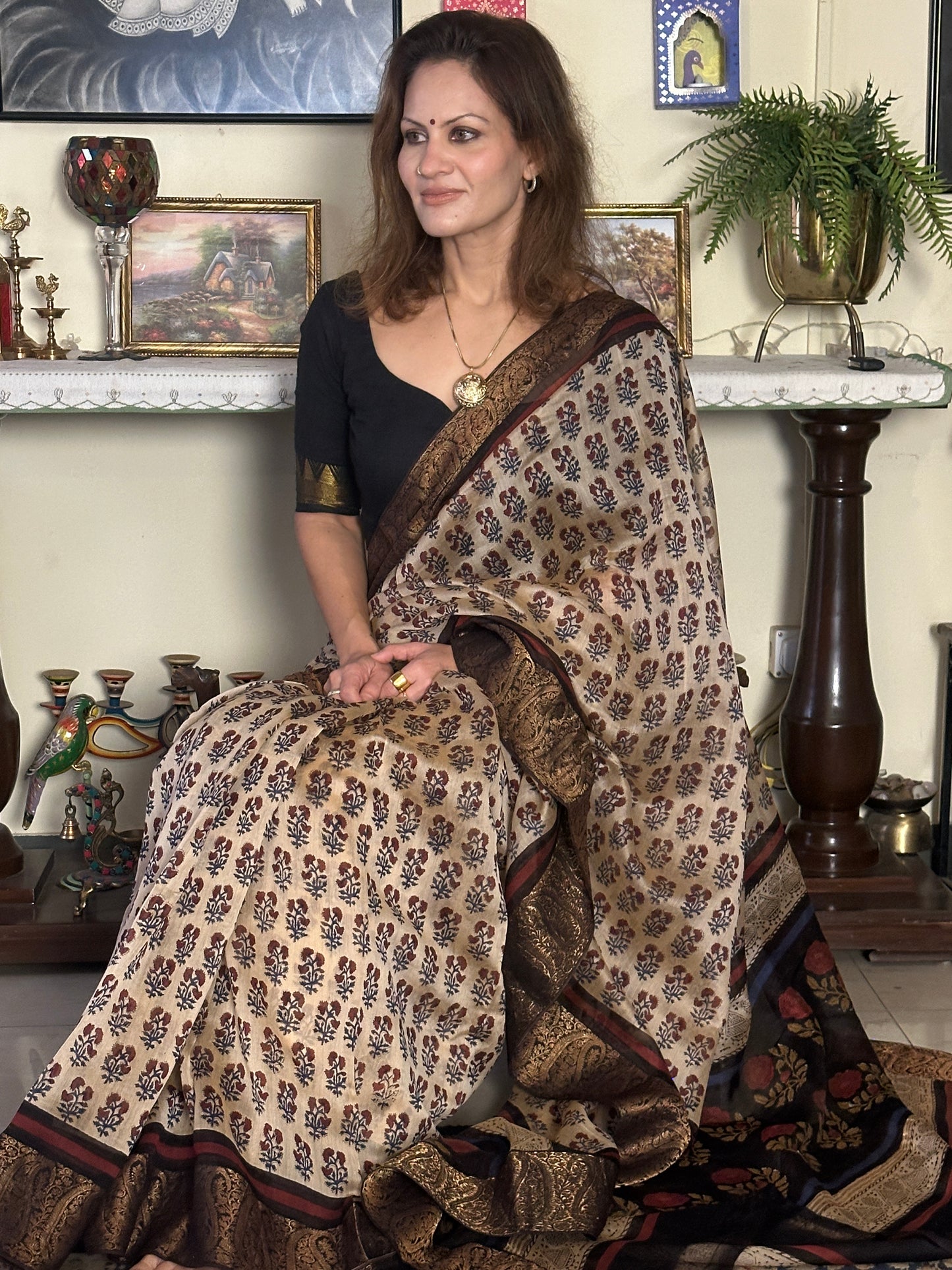 Cream Sanganeri Handblock Printed Chanderi Silk Saree with Zari Woven Border