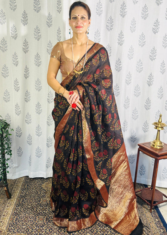 Brownish Black Sanganeri Handblock Print Chanderi Silk Saree with Zari Woven Border & Rich Zari Pallu