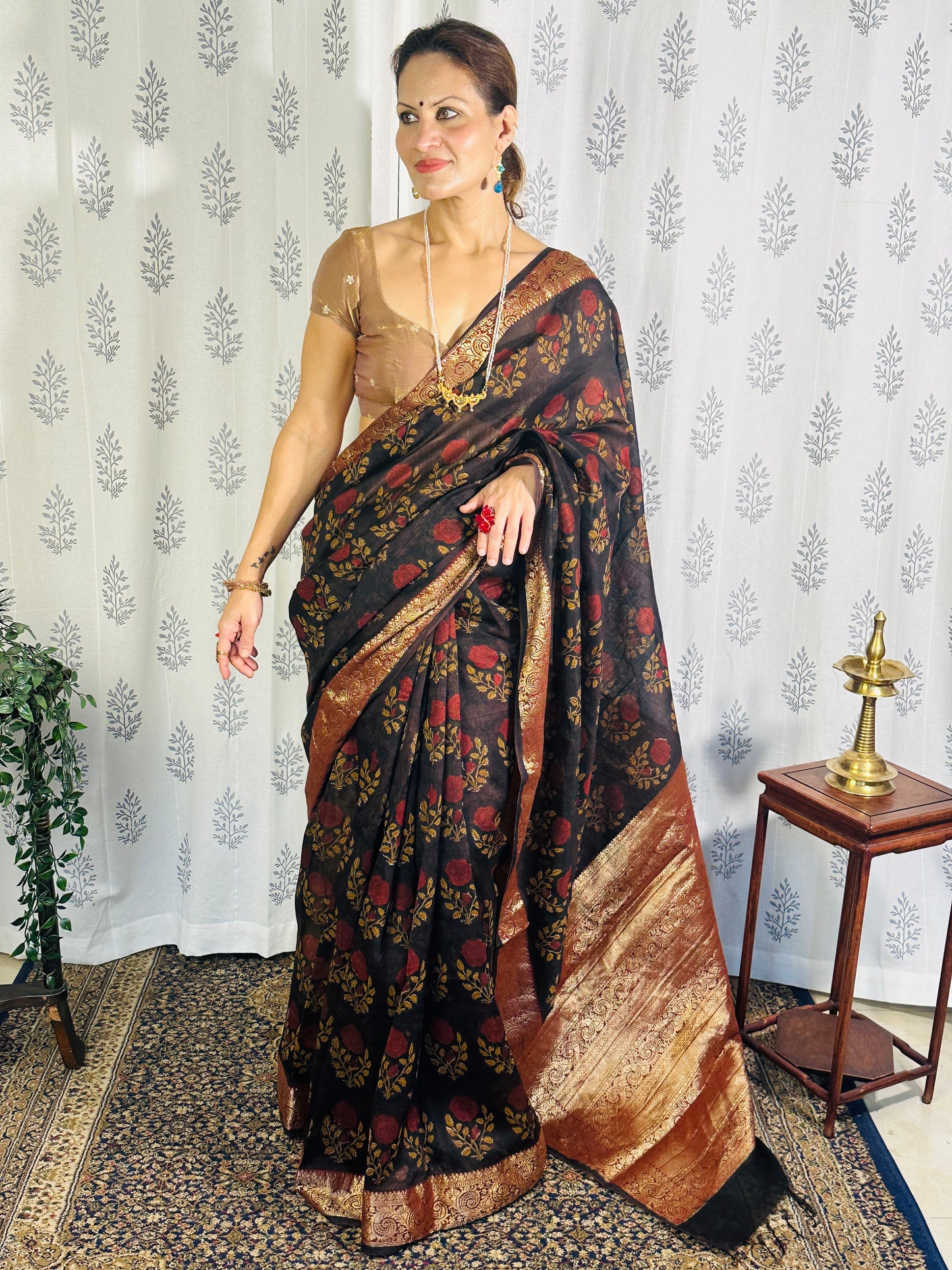Brownish Black Sanganeri Handblock Print Chanderi Silk Saree with Zari Woven Border & Rich Zari Pallu