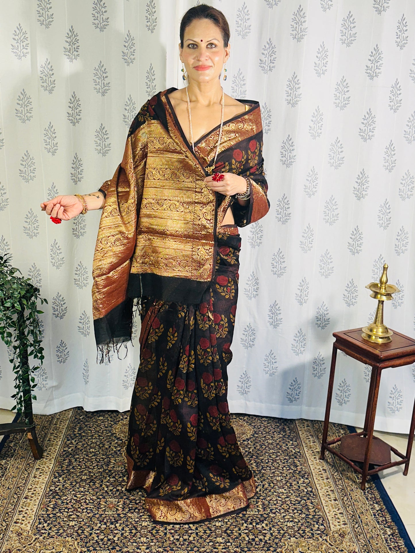 Brownish Black Sanganeri Handblock Print Chanderi Silk Saree with Zari Woven Border & Rich Zari Pallu