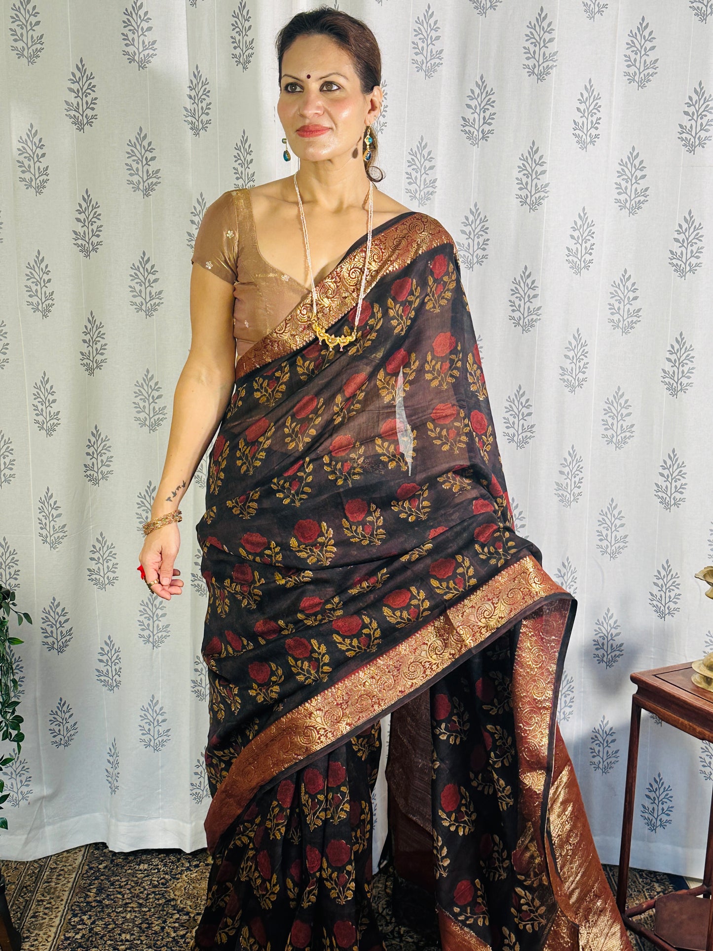 Brownish Black Sanganeri Handblock Print Chanderi Silk Saree with Zari Woven Border & Rich Zari Pallu