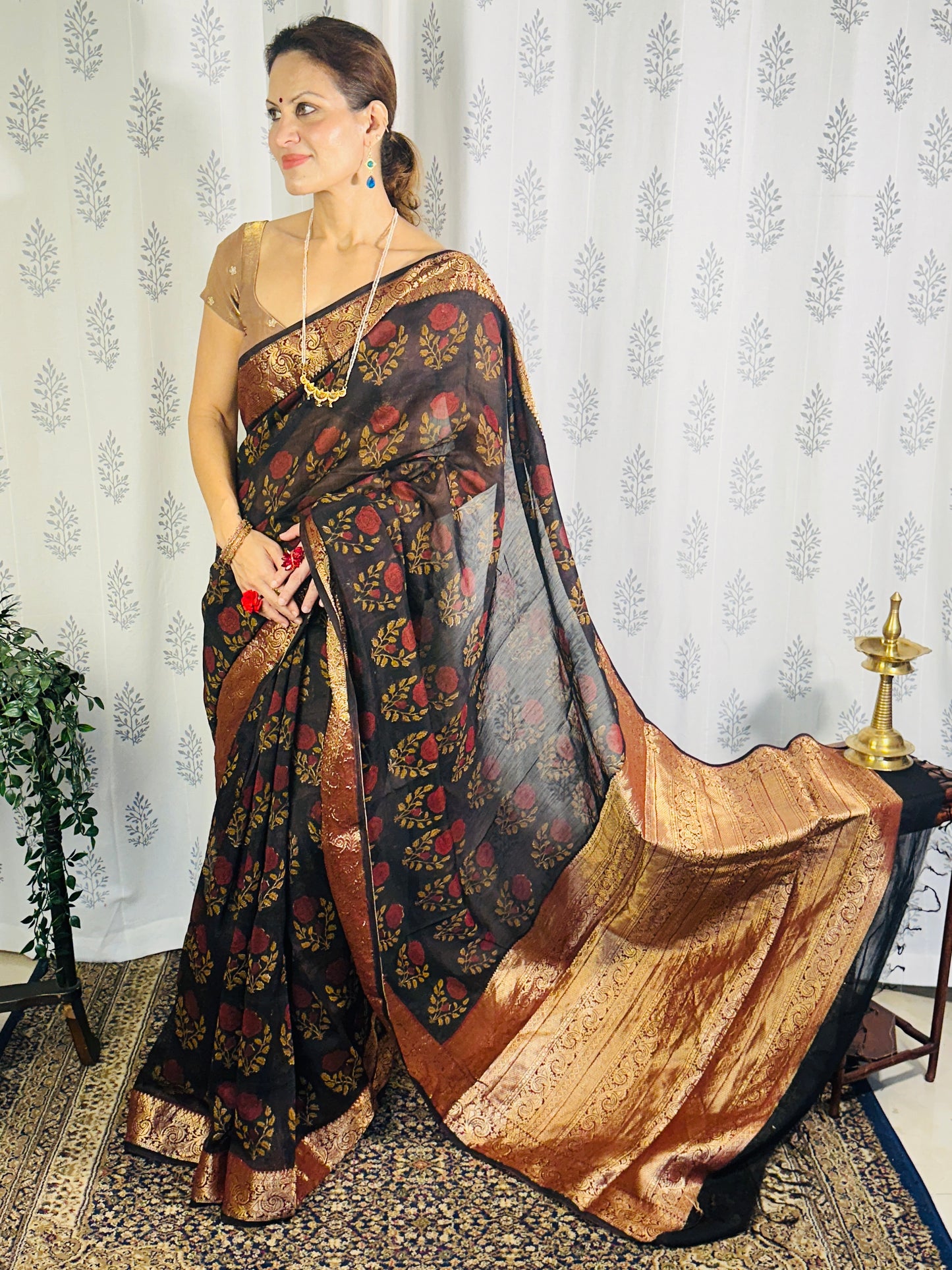 Brownish Black Sanganeri Handblock Print Chanderi Silk Saree with Zari Woven Border & Rich Zari Pallu