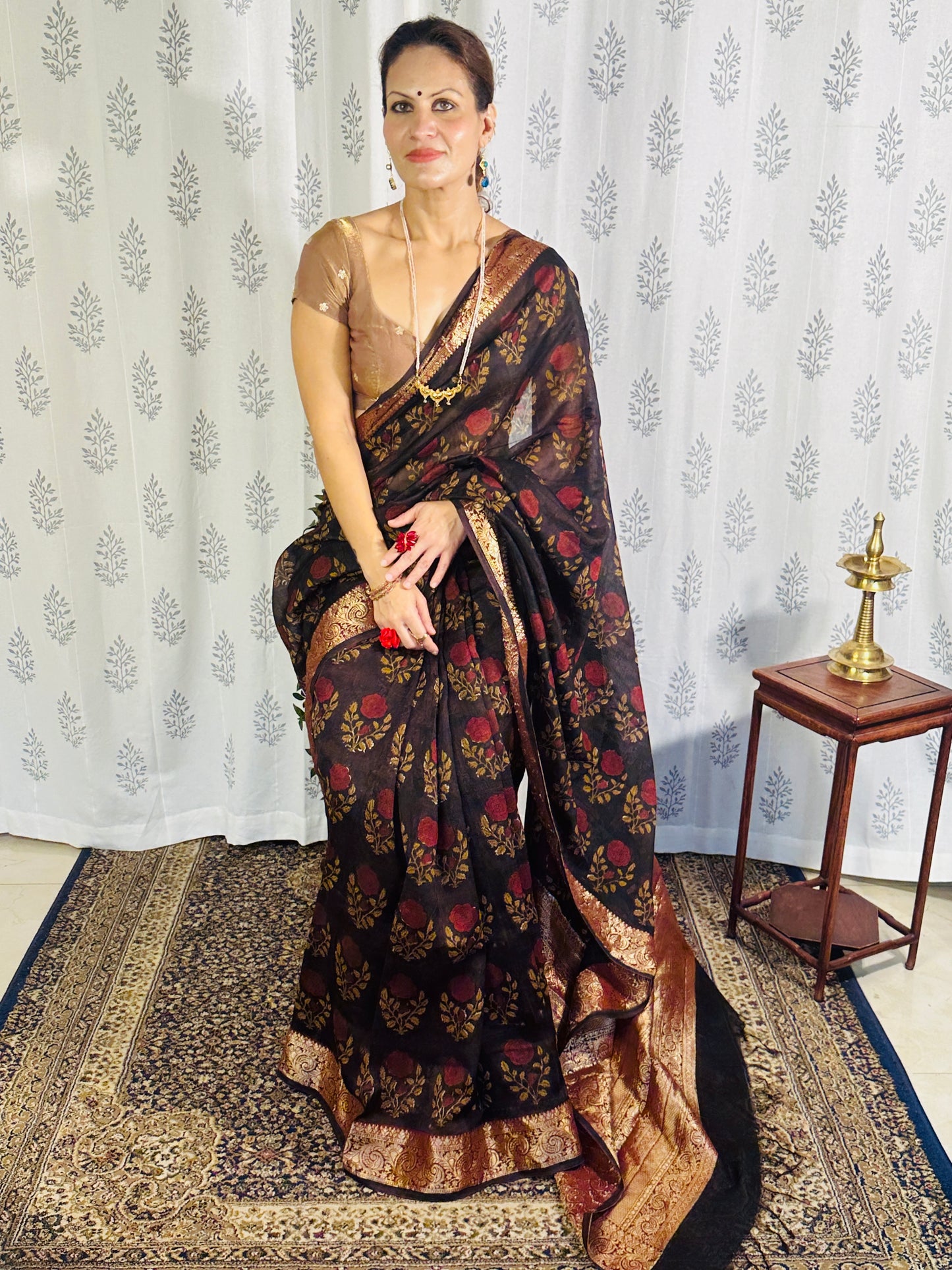 Brownish Black Sanganeri Handblock Print Chanderi Silk Saree with Zari Woven Border & Rich Zari Pallu