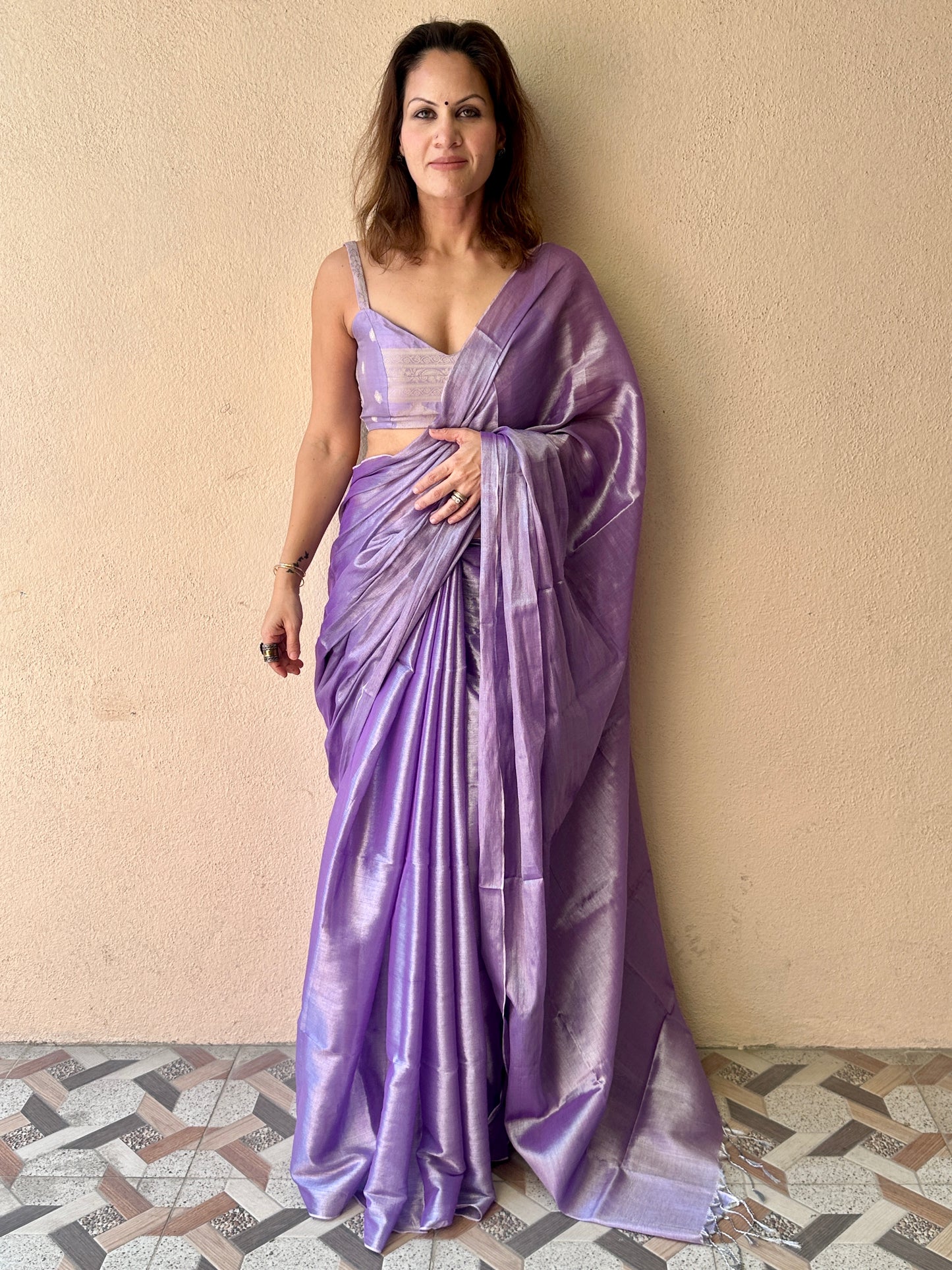 Lavender & Silver Pure Mul Mul Handwoven Tissue Cotton Saree (Borderless)