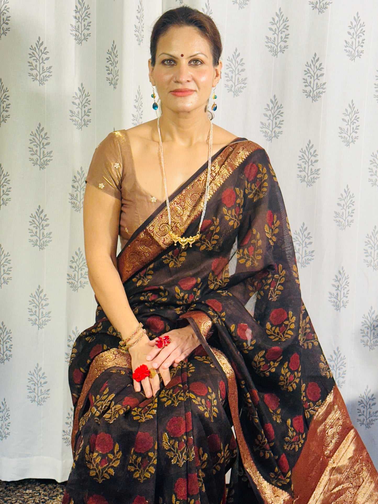 Brownish Black Sanganeri Handblock Print Chanderi Silk Saree with Zari Woven Border & Rich Zari Pallu