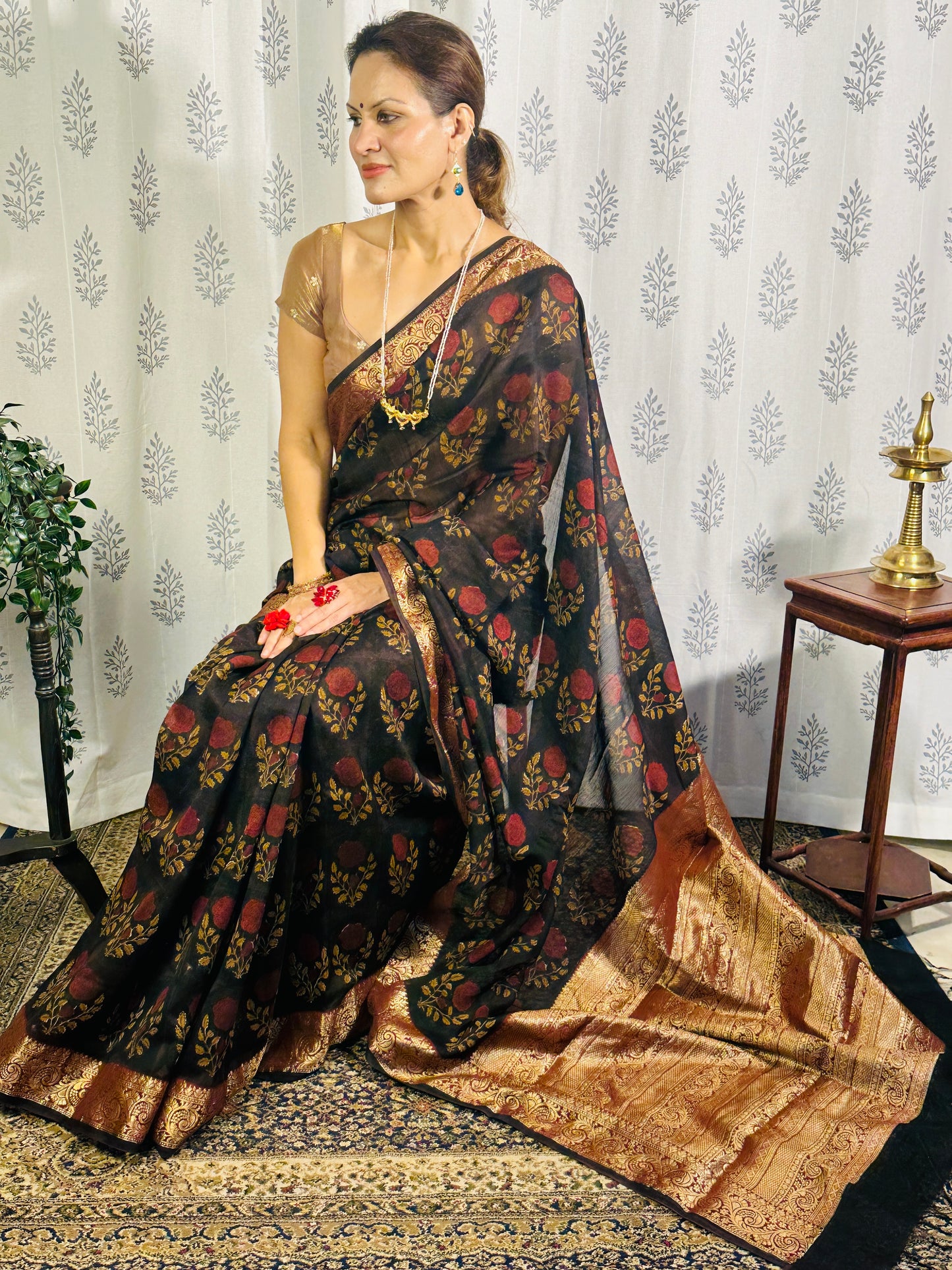 Brownish Black Sanganeri Handblock Print Chanderi Silk Saree with Zari Woven Border & Rich Zari Pallu