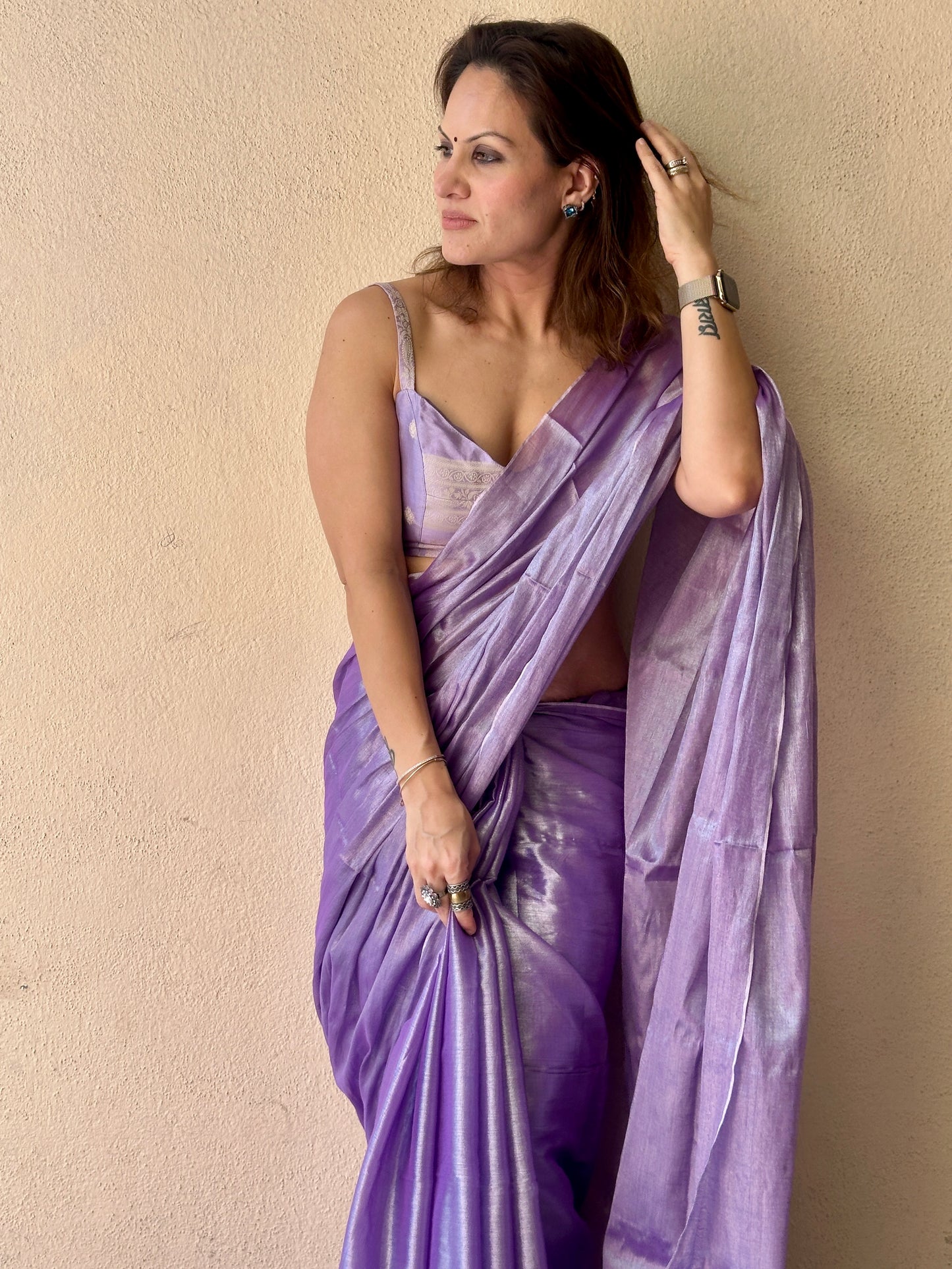 Lavender & Silver Pure Mul Mul Handwoven Tissue Cotton Saree (Borderless)