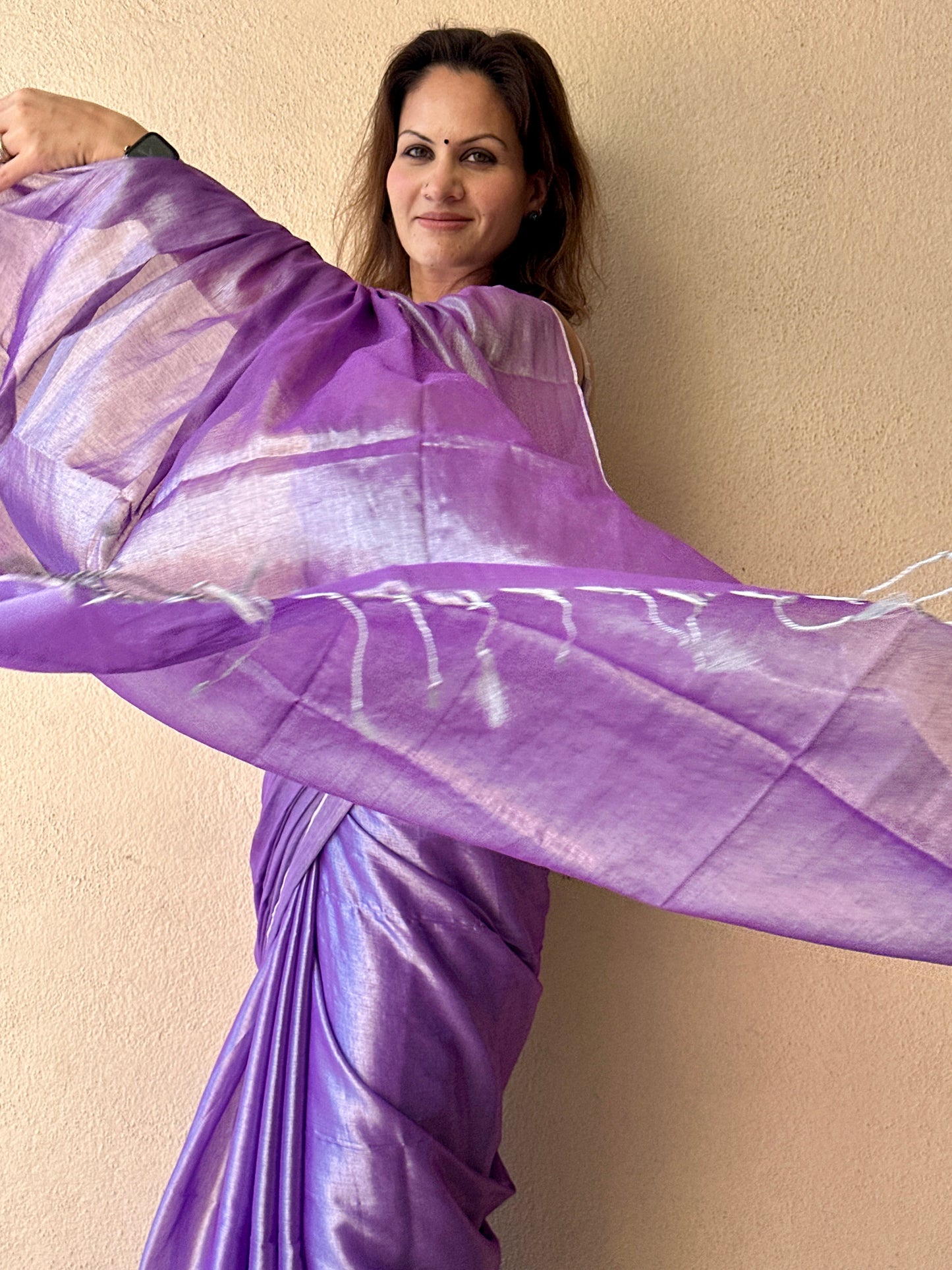 Lavender & Silver Pure Mul Mul Handwoven Tissue Cotton Saree (Borderless)