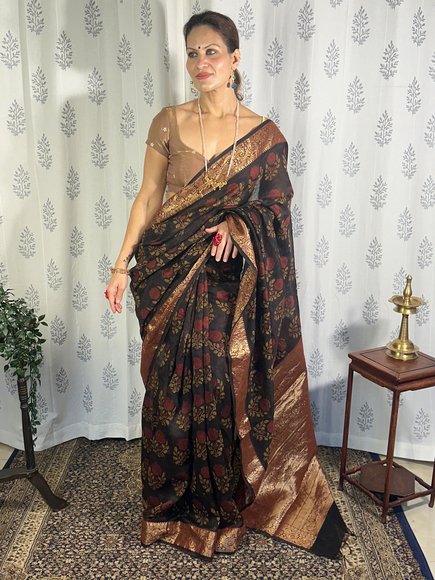 Brownish Black Sanganeri Handblock Print Chanderi Silk Saree with Zari Woven Border & Rich Zari Pallu