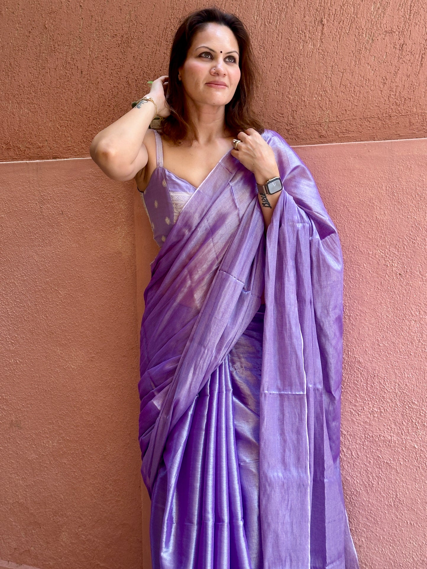 Lavender & Silver Pure Mul Mul Handwoven Tissue Cotton Saree (Borderless)