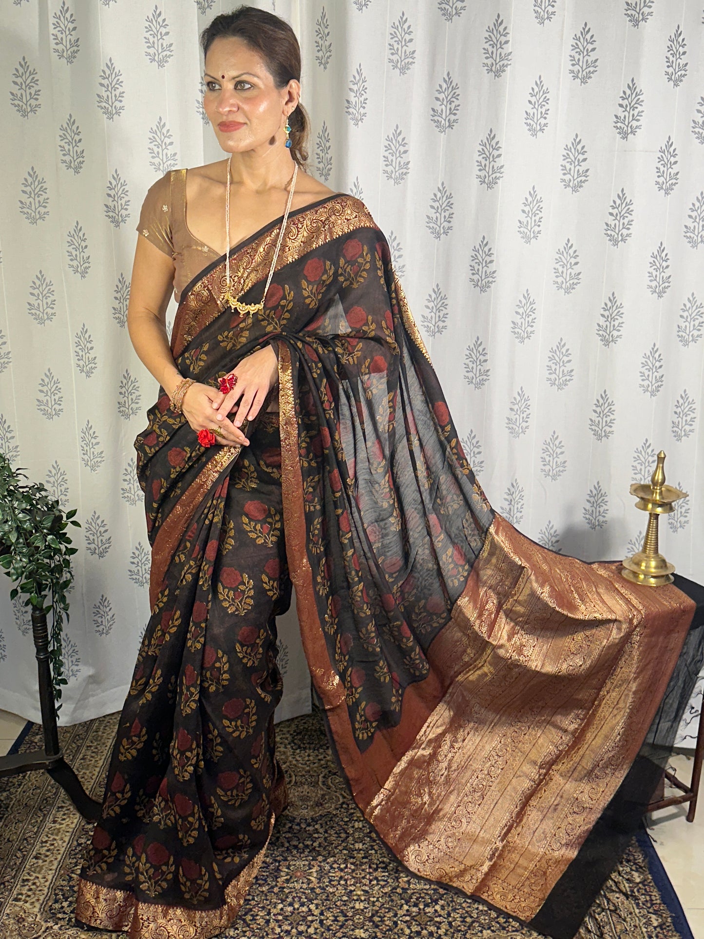 Brownish Black Sanganeri Handblock Print Chanderi Silk Saree with Zari Woven Border & Rich Zari Pallu