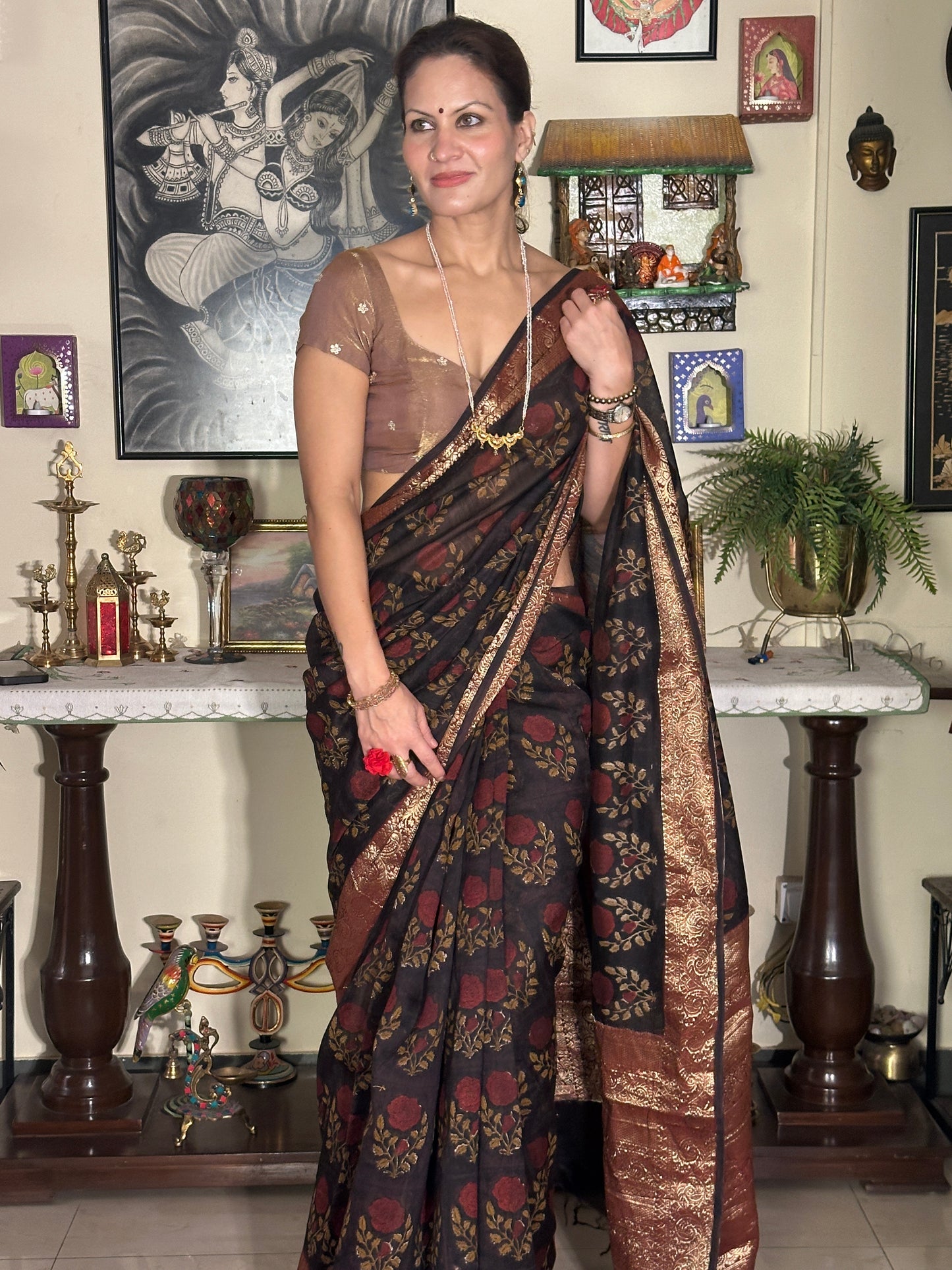 Brownish Black Sanganeri Handblock Print Chanderi Silk Saree with Zari Woven Border & Rich Zari Pallu