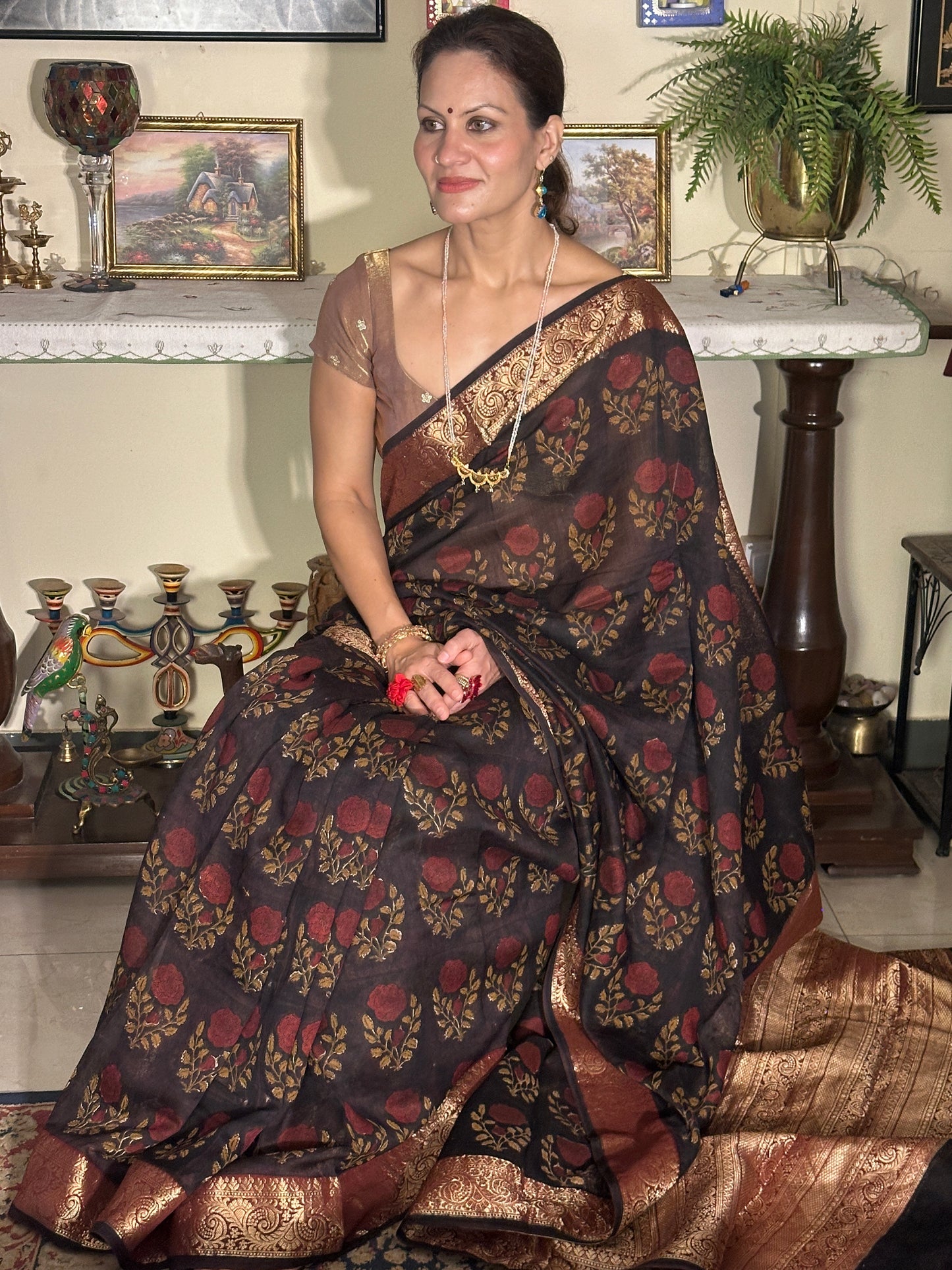 Brownish Black Sanganeri Handblock Print Chanderi Silk Saree with Zari Woven Border & Rich Zari Pallu