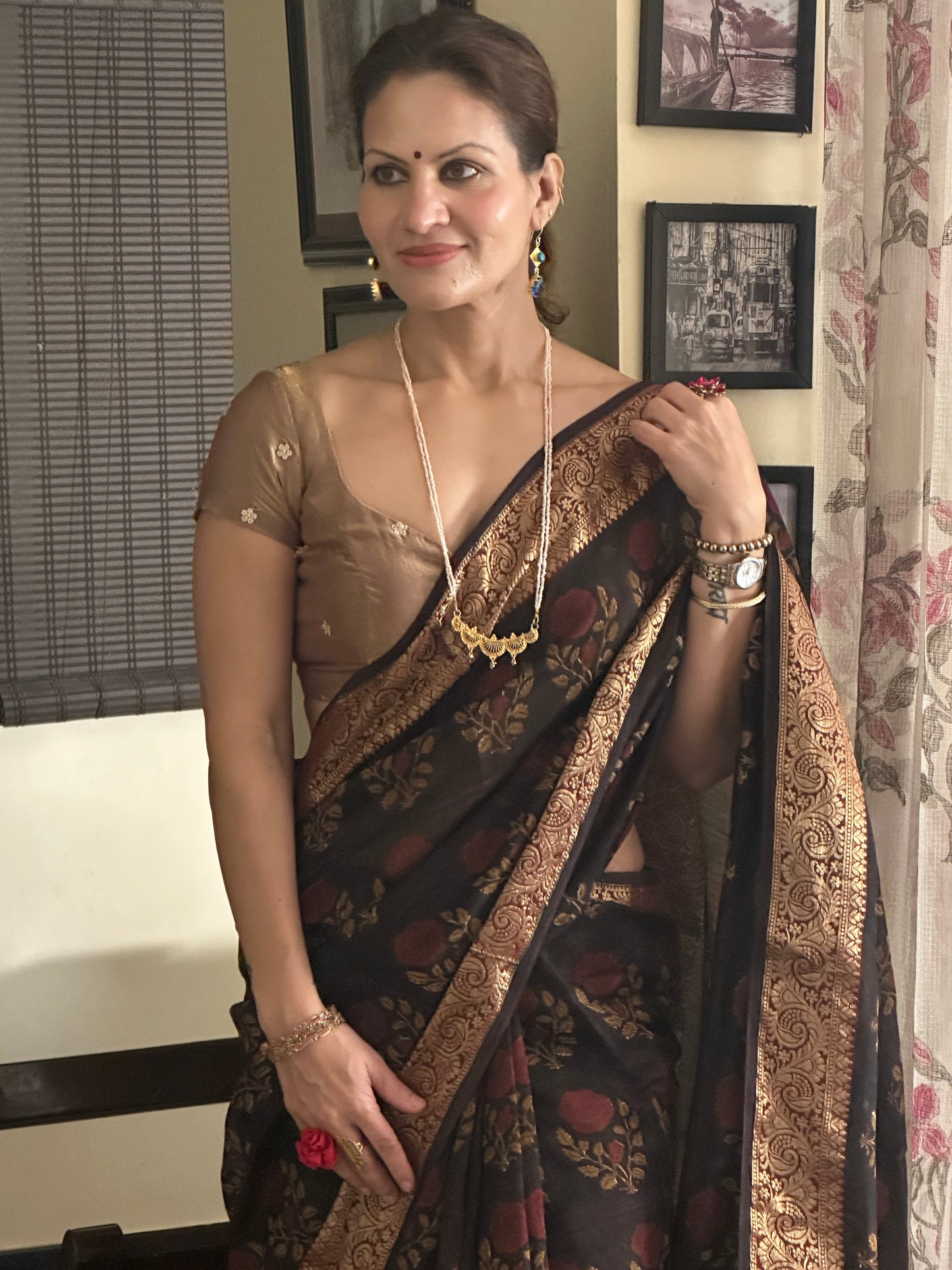 Brownish Black Sanganeri Handblock Print Chanderi Silk Saree with Zari Woven Border & Rich Zari Pallu