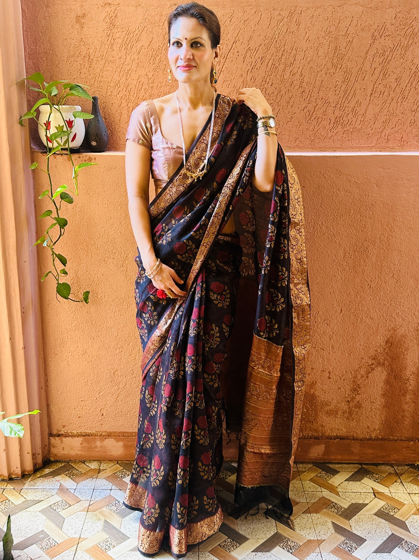 Brownish Black Sanganeri Handblock Print Chanderi Silk Saree with Zari Woven Border & Rich Zari Pallu
