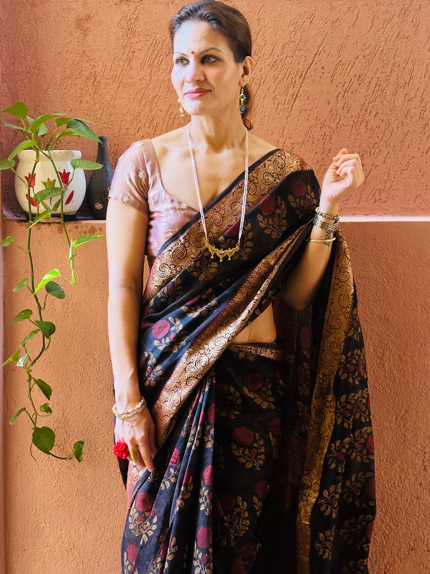 Brownish Black Sanganeri Handblock Print Chanderi Silk Saree with Zari Woven Border & Rich Zari Pallu