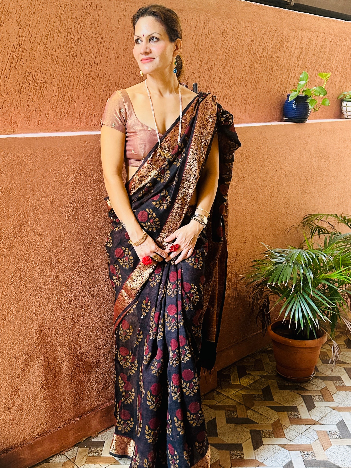 Brownish Black Sanganeri Handblock Print Chanderi Silk Saree with Zari Woven Border & Rich Zari Pallu