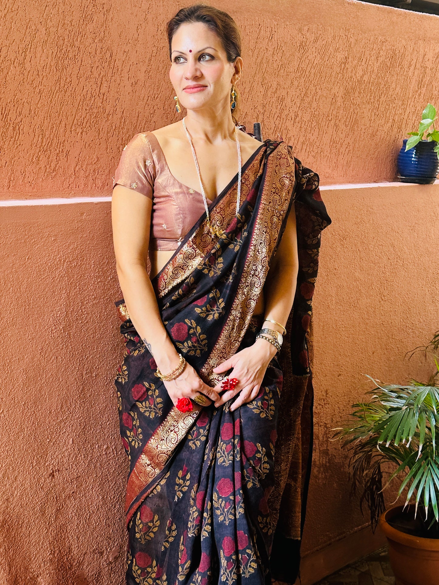 Brownish Black Sanganeri Handblock Print Chanderi Silk Saree with Zari Woven Border & Rich Zari Pallu