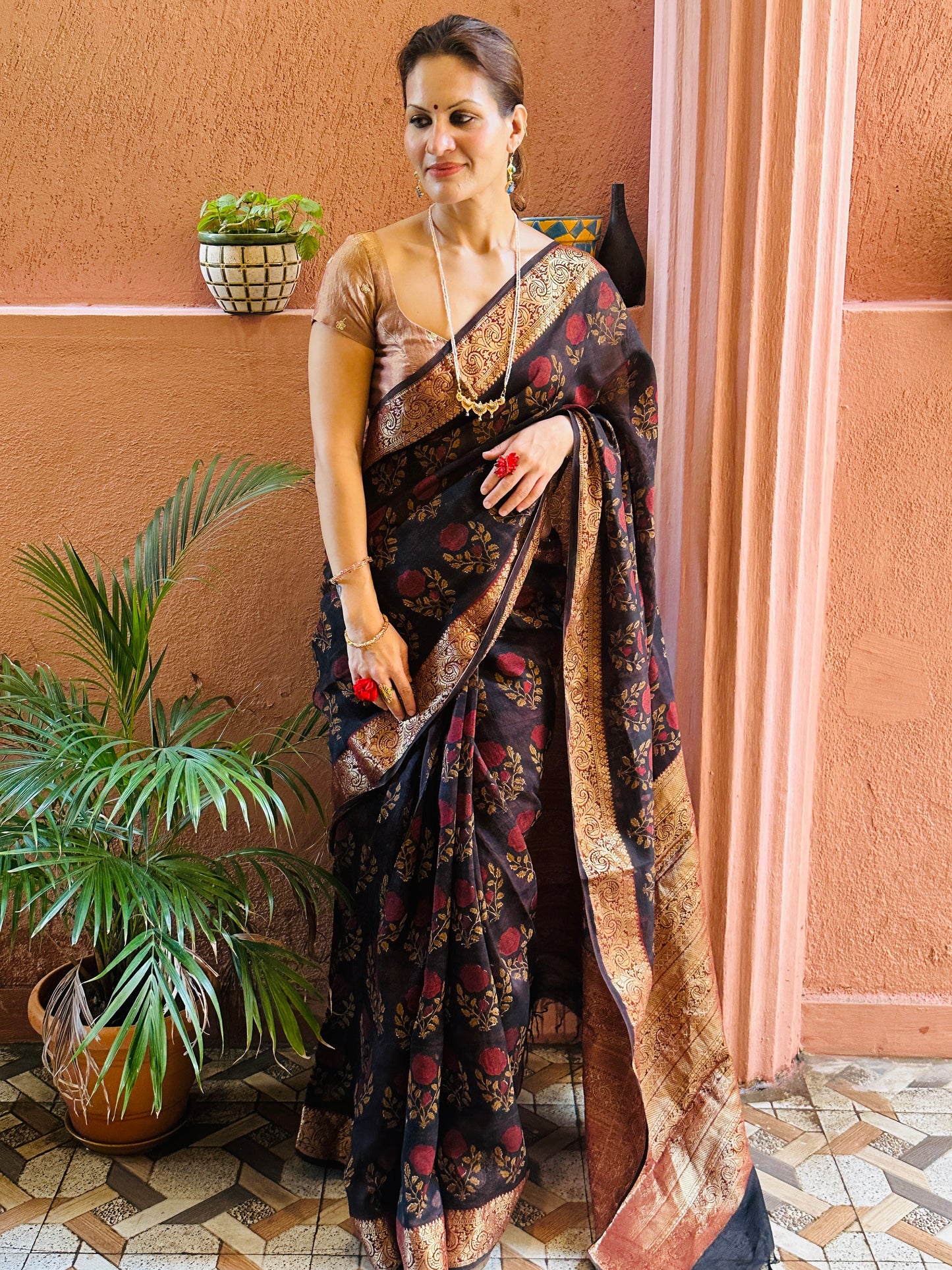 Brownish Black Sanganeri Handblock Print Chanderi Silk Saree with Zari Woven Border & Rich Zari Pallu