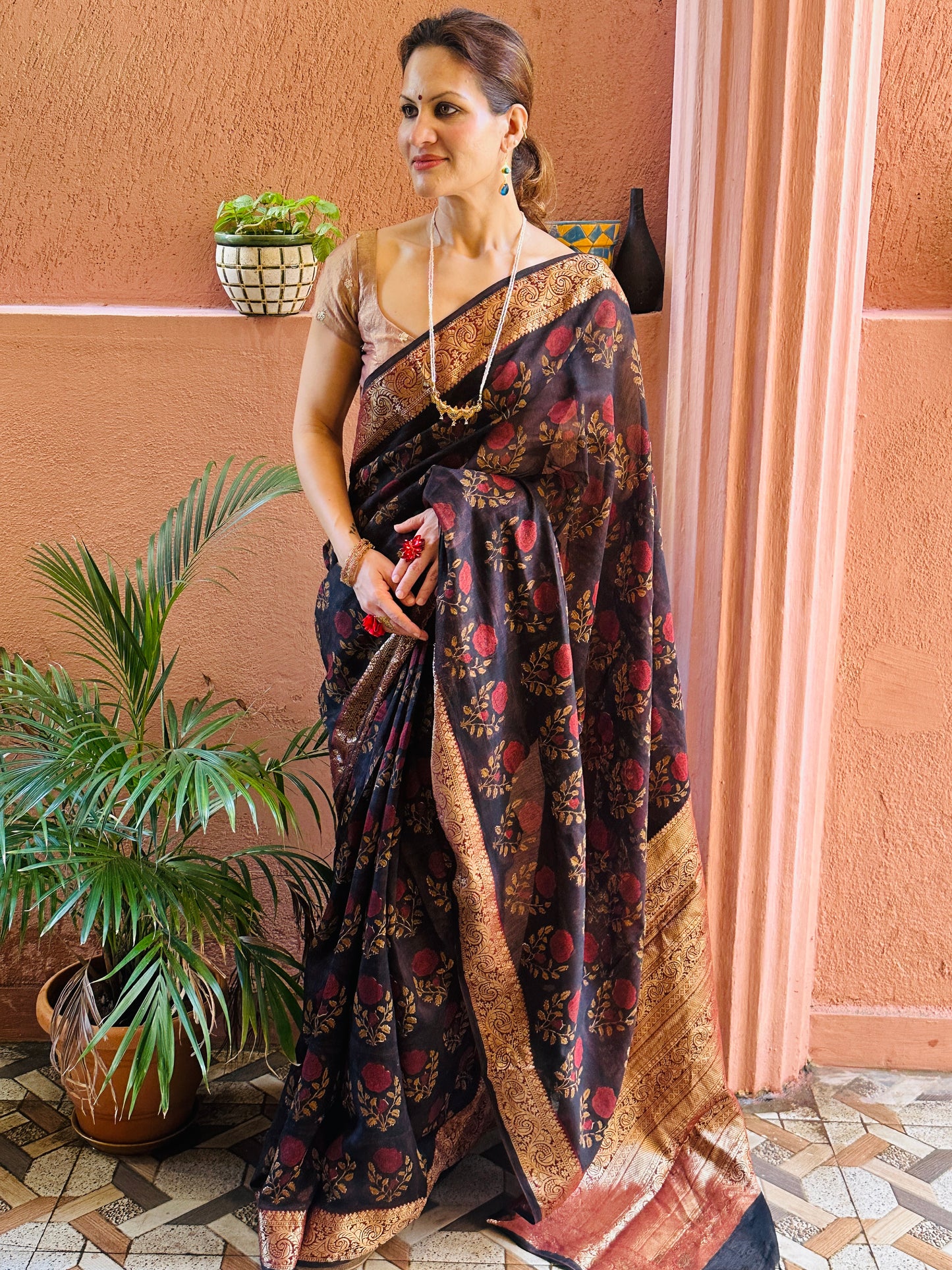 Brownish Black Sanganeri Handblock Print Chanderi Silk Saree with Zari Woven Border & Rich Zari Pallu