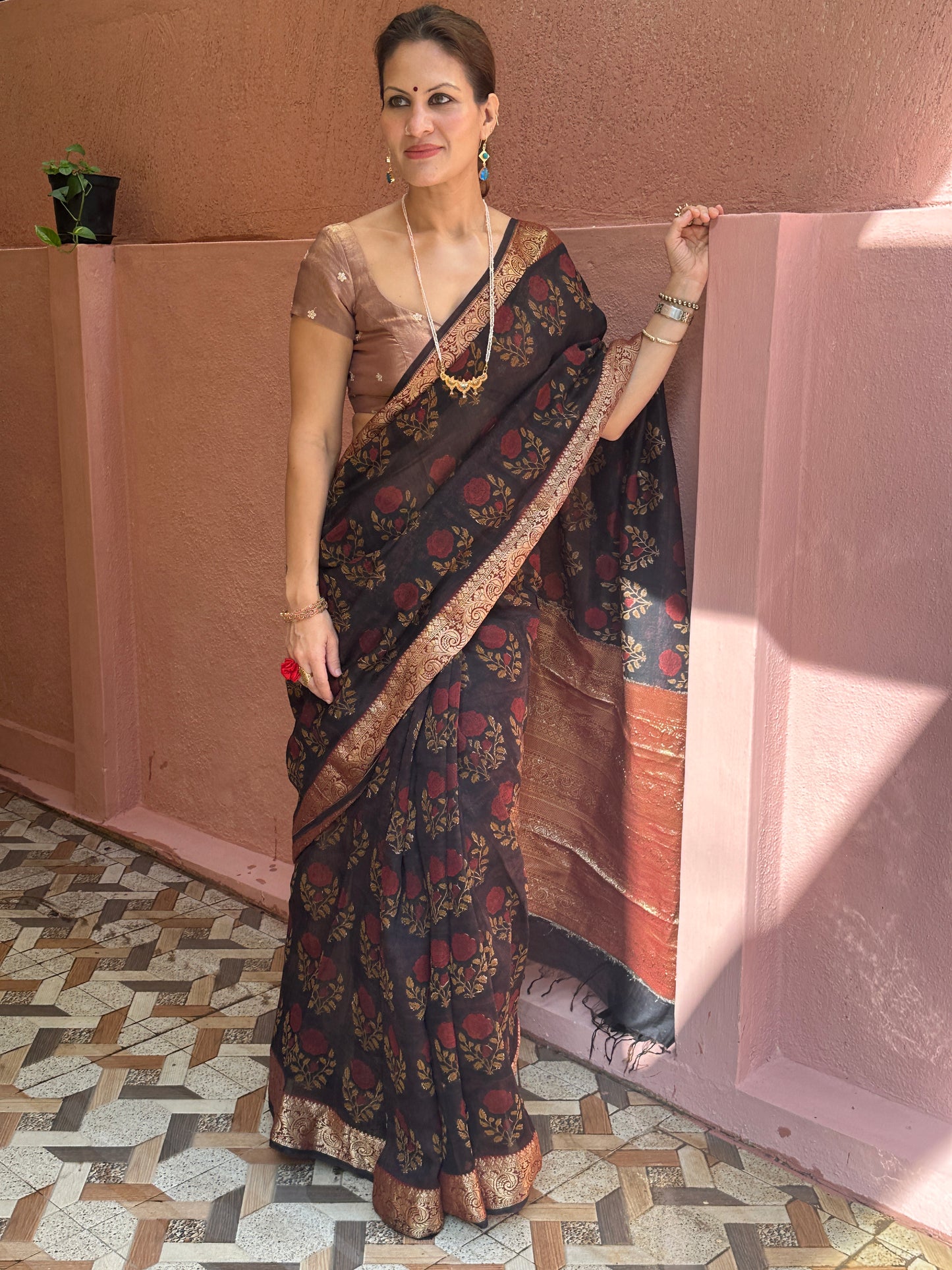 Brownish Black Sanganeri Handblock Print Chanderi Silk Saree with Zari Woven Border & Rich Zari Pallu