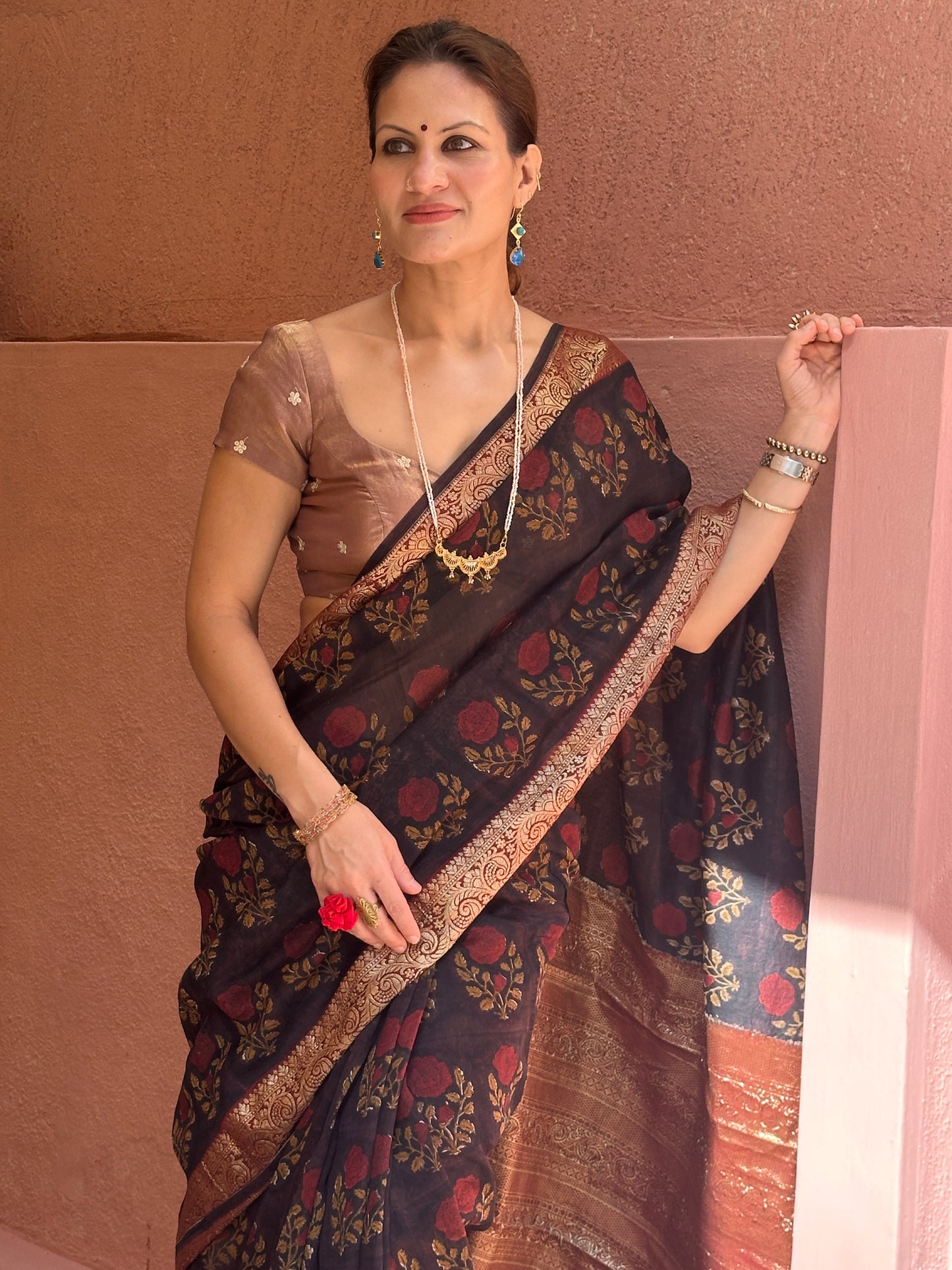 Brownish Black Sanganeri Handblock Print Chanderi Silk Saree with Zari Woven Border & Rich Zari Pallu
