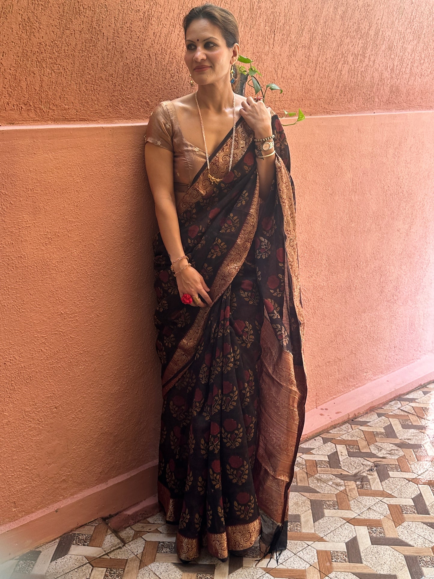 Brownish Black Sanganeri Handblock Print Chanderi Silk Saree with Zari Woven Border & Rich Zari Pallu