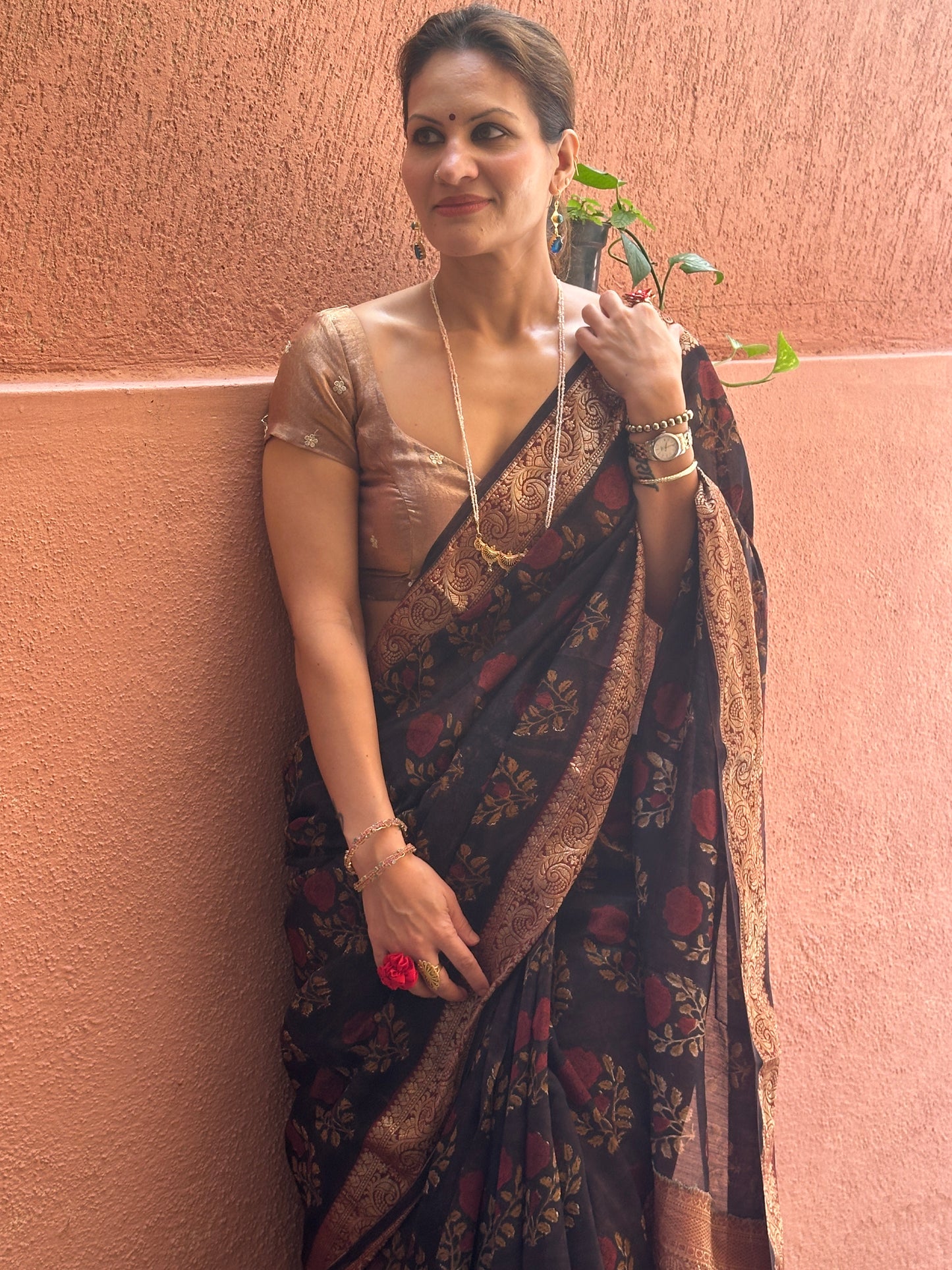 Brownish Black Sanganeri Handblock Print Chanderi Silk Saree with Zari Woven Border & Rich Zari Pallu