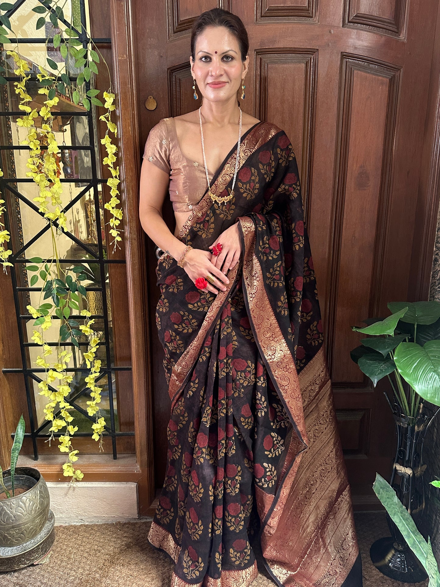 Brownish Black Sanganeri Handblock Print Chanderi Silk Saree with Zari Woven Border & Rich Zari Pallu