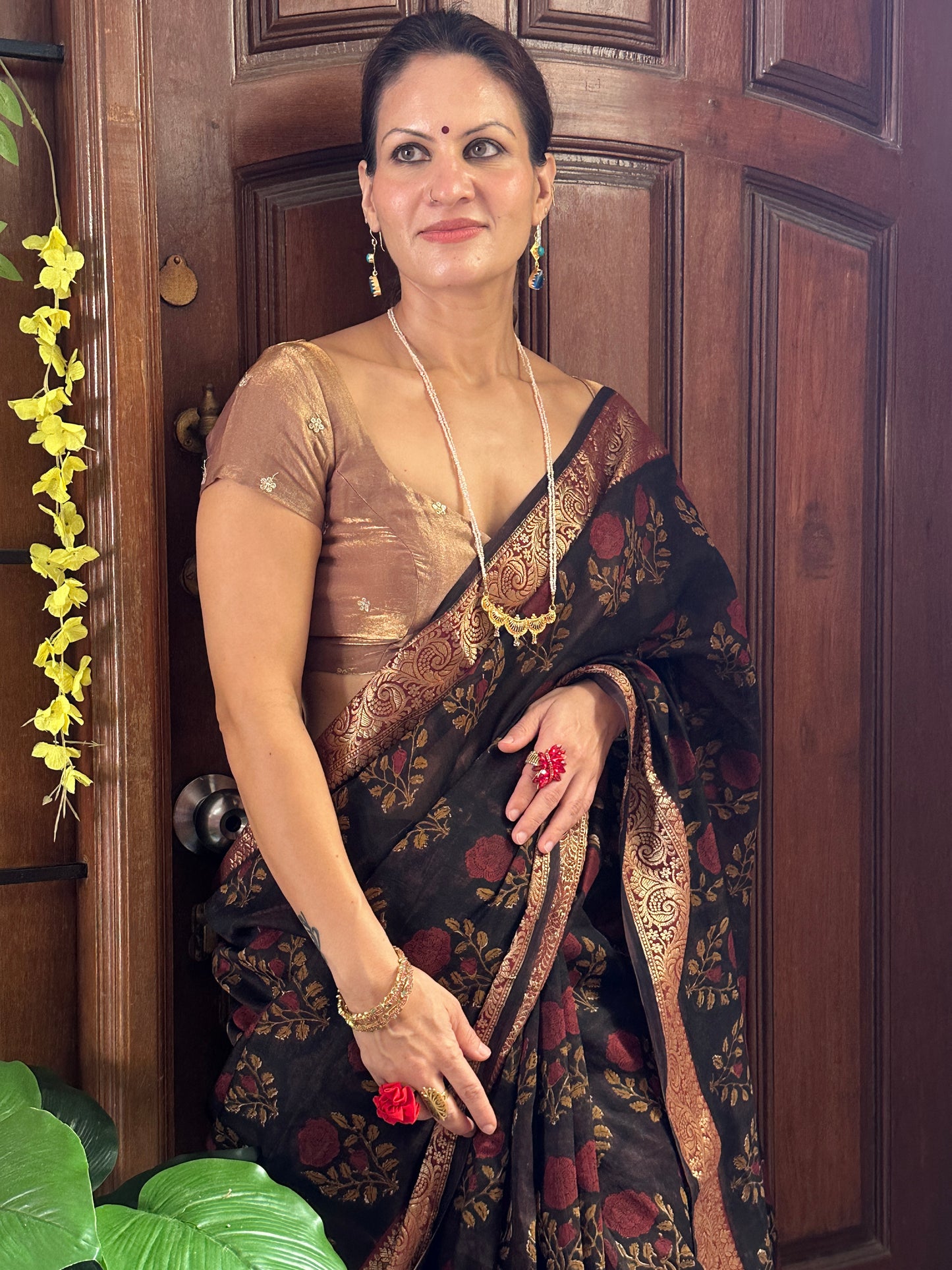 Brownish Black Sanganeri Handblock Print Chanderi Silk Saree with Zari Woven Border & Rich Zari Pallu