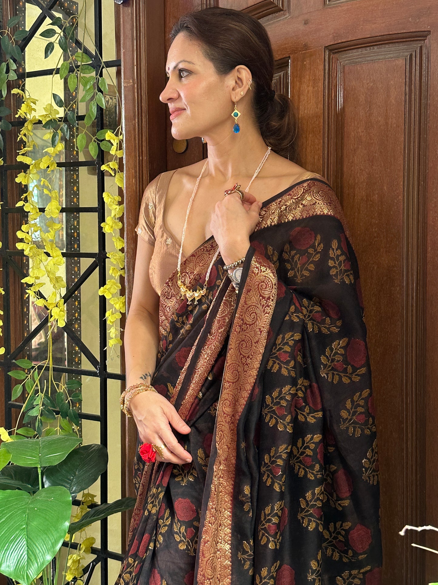 Brownish Black Sanganeri Handblock Print Chanderi Silk Saree with Zari Woven Border & Rich Zari Pallu