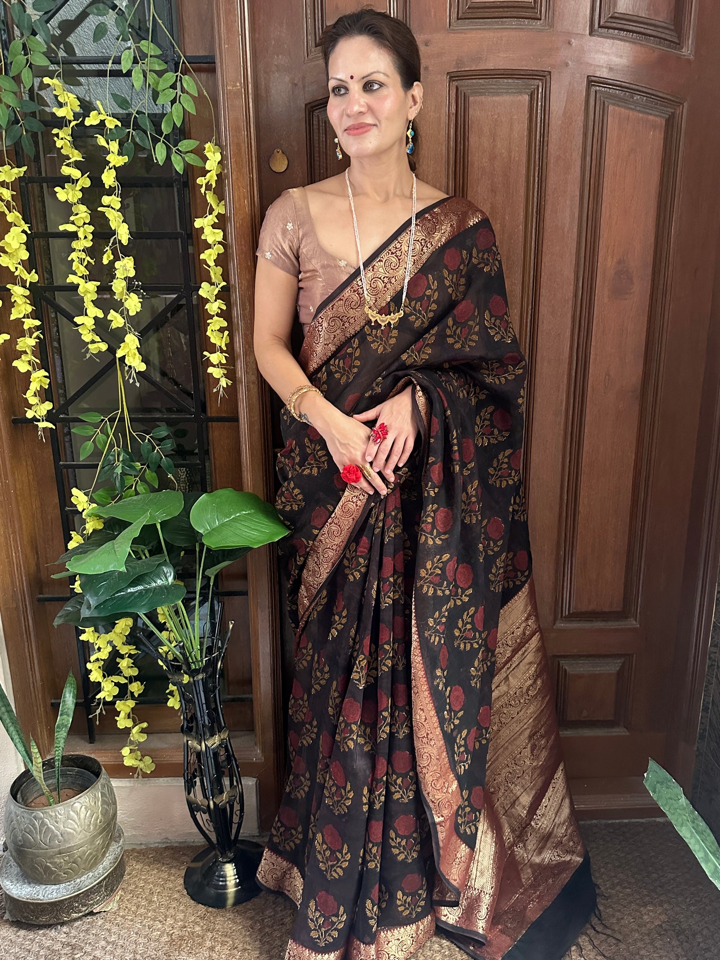 Brownish Black Sanganeri Handblock Print Chanderi Silk Saree with Zari Woven Border & Rich Zari Pallu
