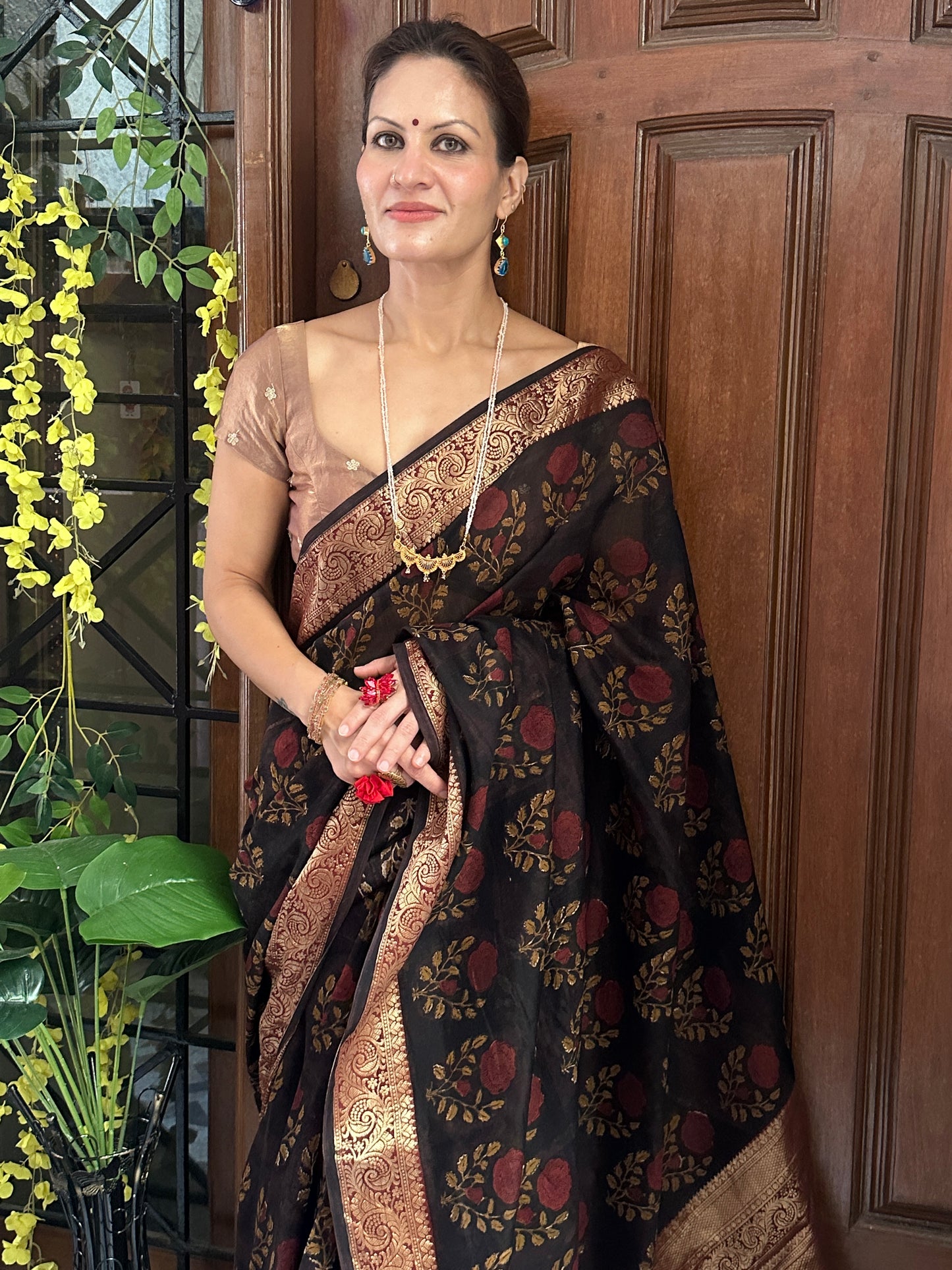 Brownish Black Sanganeri Handblock Print Chanderi Silk Saree with Zari Woven Border & Rich Zari Pallu