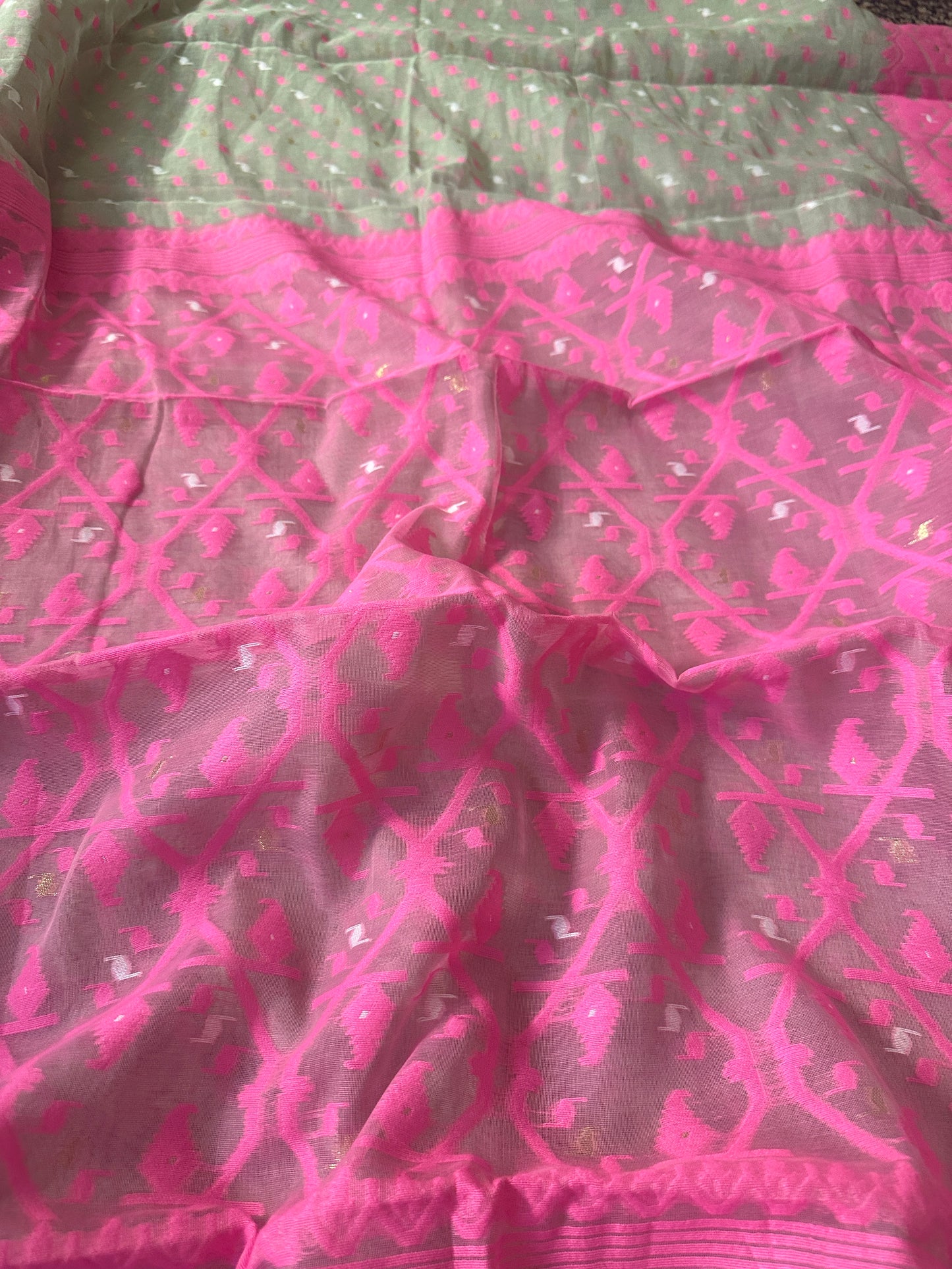 Greyish Green & Pink Jacquard Weaving Cotton Silk Jamdani Saree