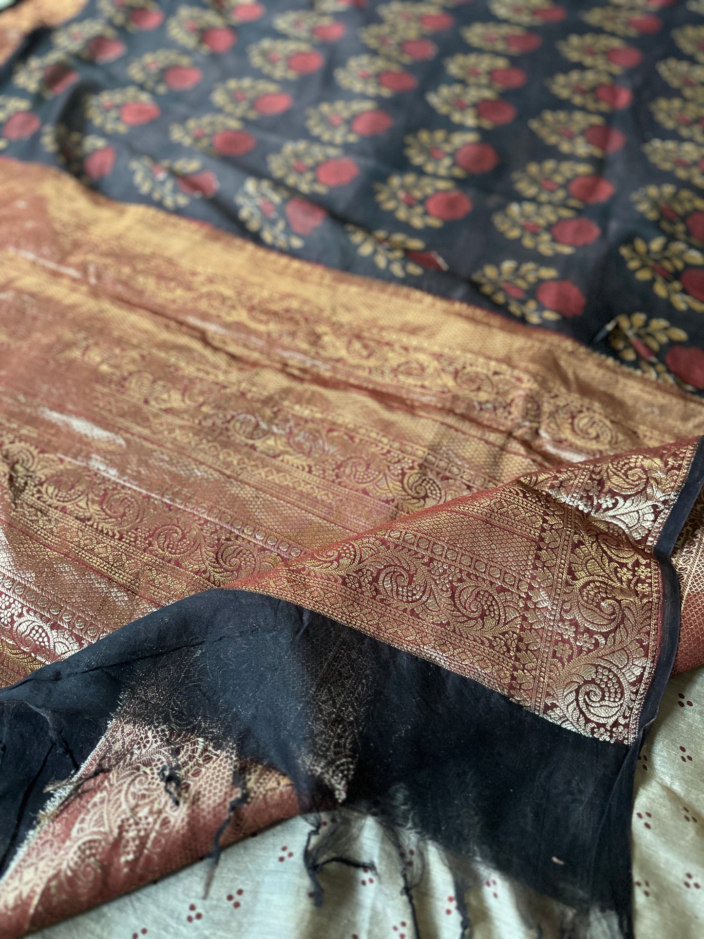 Brownish Black Sanganeri Handblock Print Chanderi Silk Saree with Zari Woven Border & Rich Zari Pallu