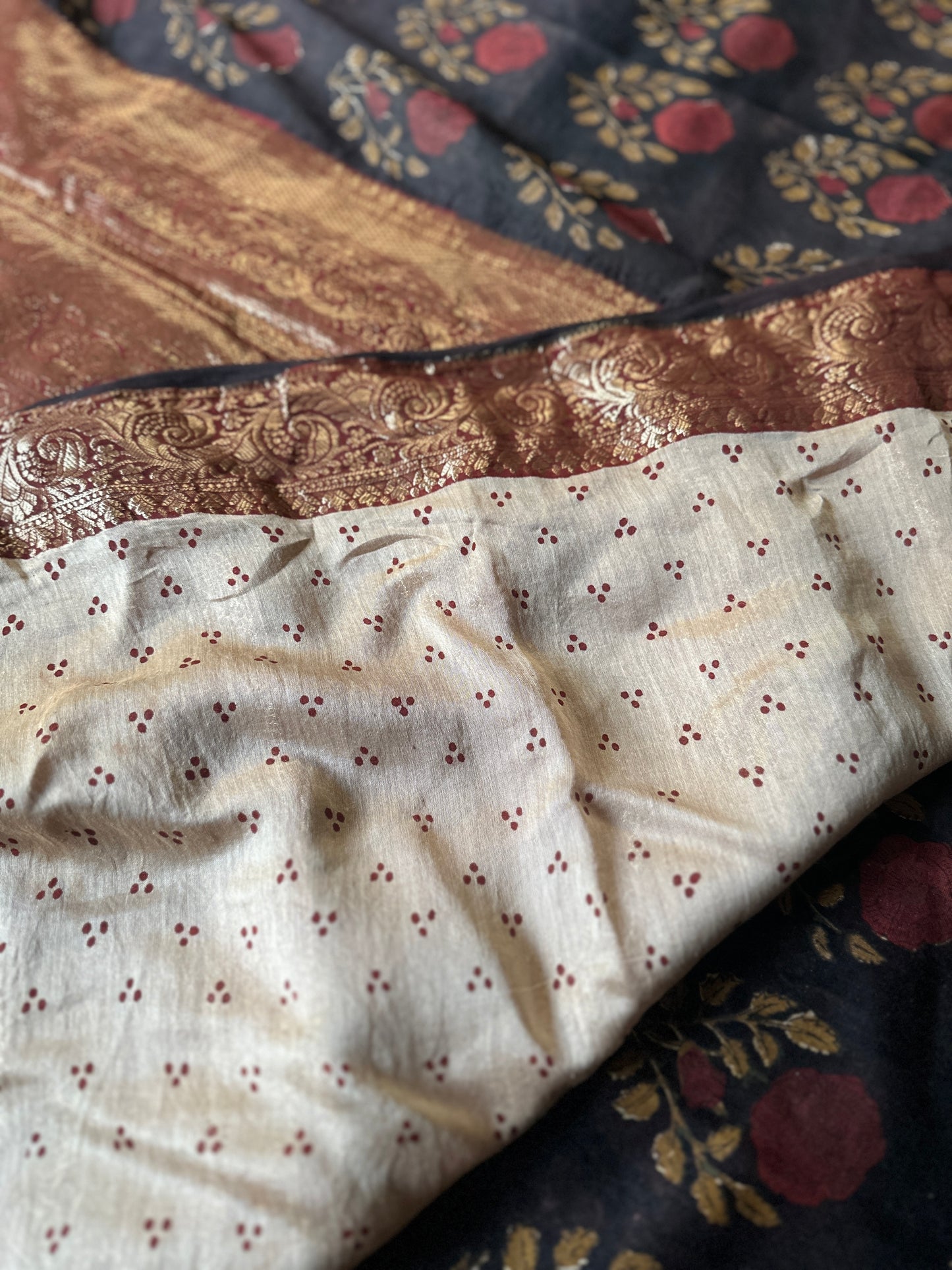 Brownish Black Sanganeri Handblock Print Chanderi Silk Saree with Zari Woven Border & Rich Zari Pallu