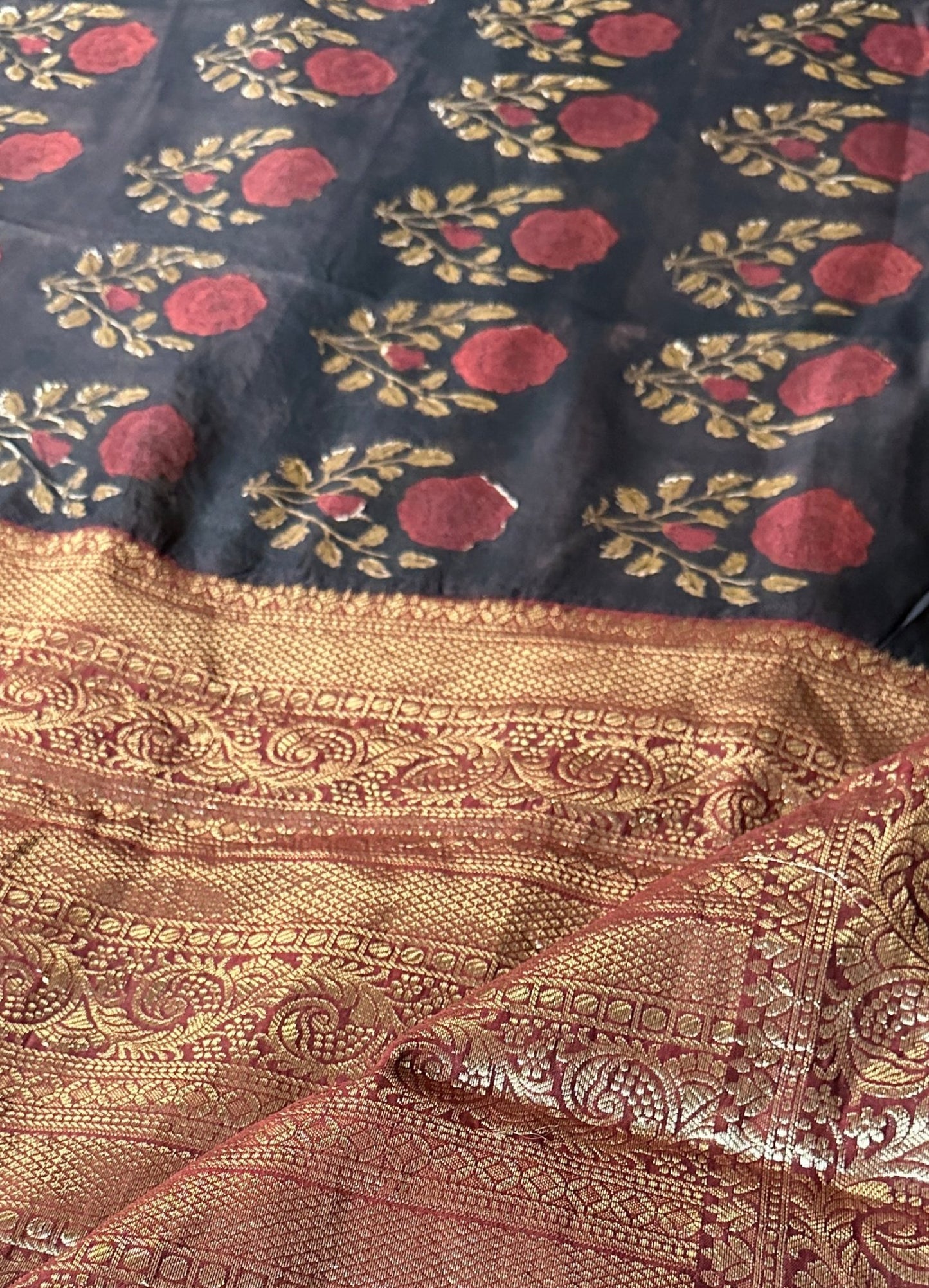 Brownish Black Sanganeri Handblock Print Chanderi Silk Saree with Zari Woven Border & Rich Zari Pallu