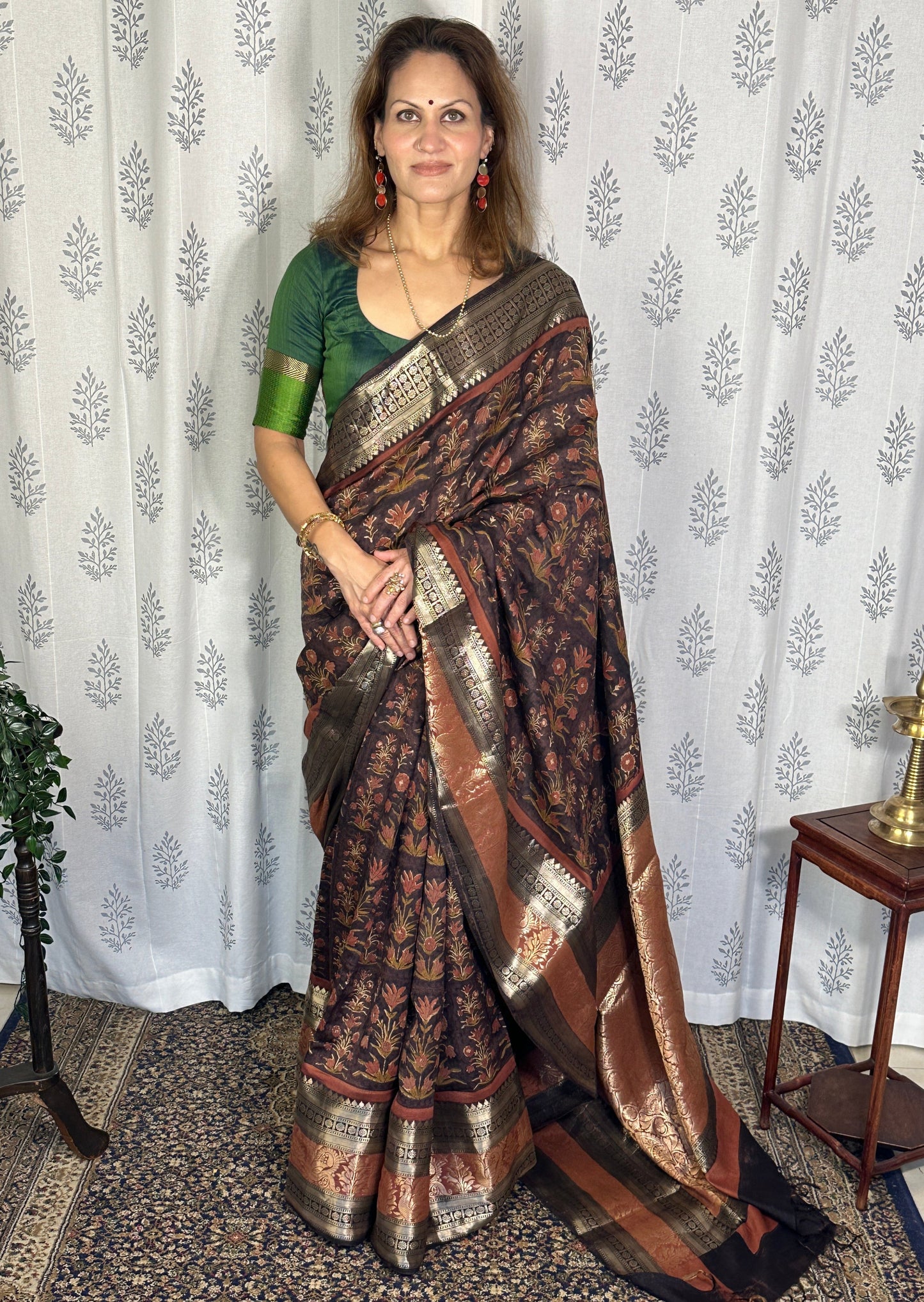 Brown Handblock Print Chanderi Silk Saree with Thick Zari Woven Border & Rich Zari Pallu