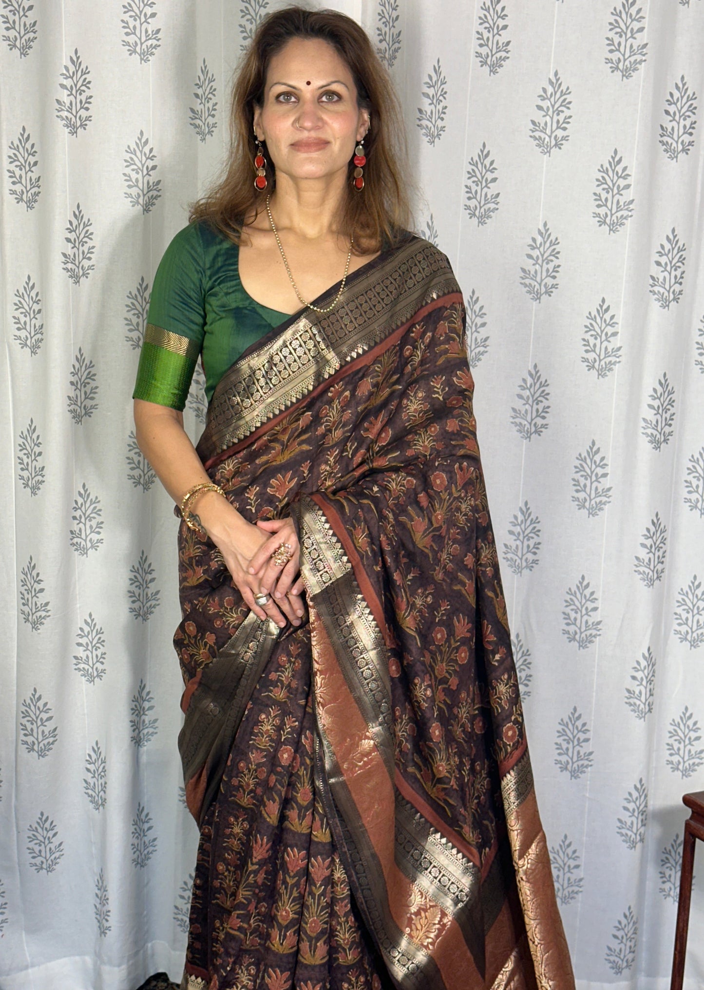 Brown Handblock Print Chanderi Silk Saree with Thick Zari Woven Border & Rich Zari Pallu