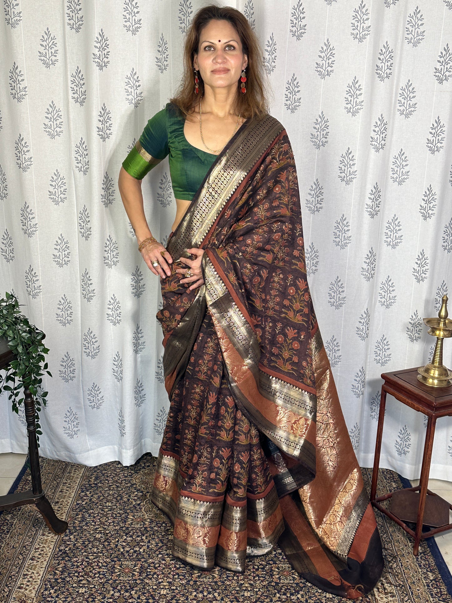 Brown Handblock Print Chanderi Silk Saree with Thick Zari Woven Border & Rich Zari Pallu